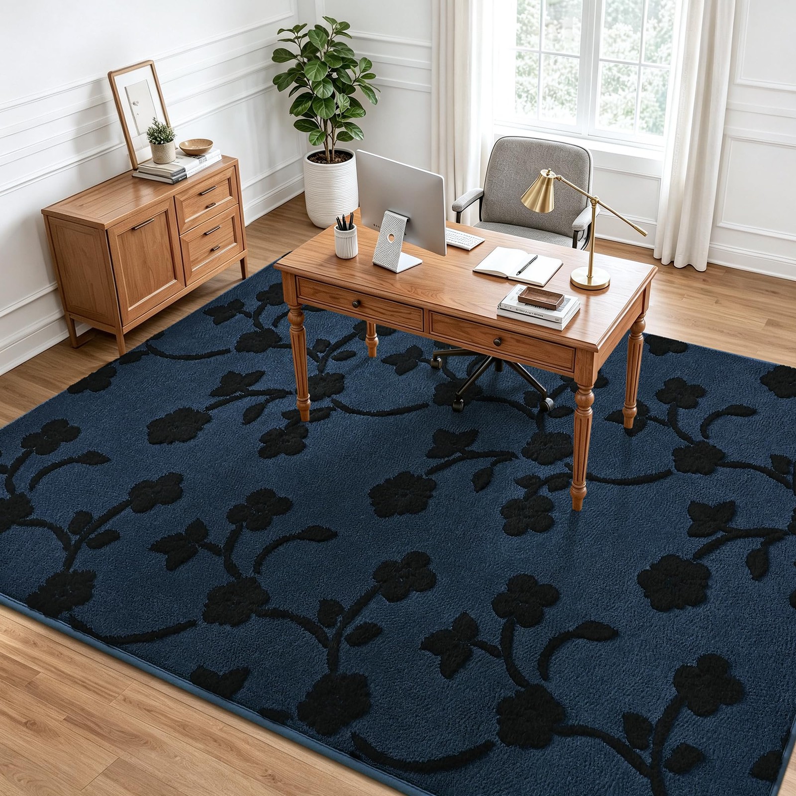 Maxsoft 4×6 Navy Blue Floral Area Rugs Modern Minimalist Thickened | Washable…