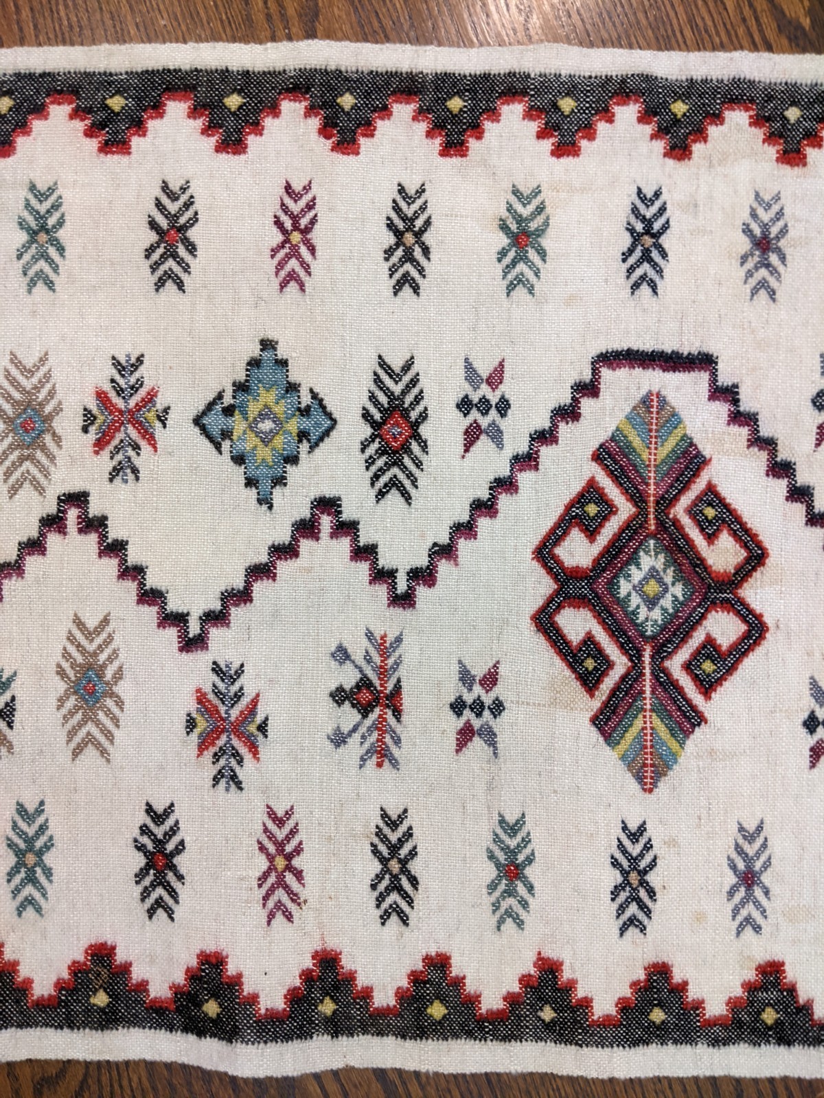 Vtg Hand woven Rug 58″ X 22″ Wool Natural Geometric Moroccan Turkish Greek Kilim