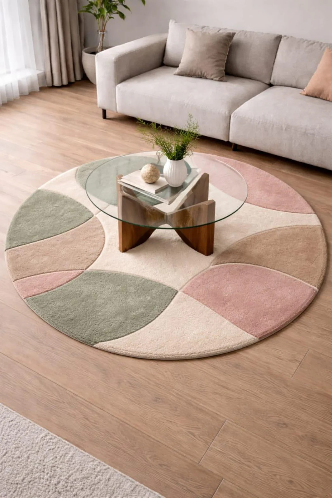 Modern Round Hand Tufted Rug | Pastel Geometric Wool Look Carpet for Living Room