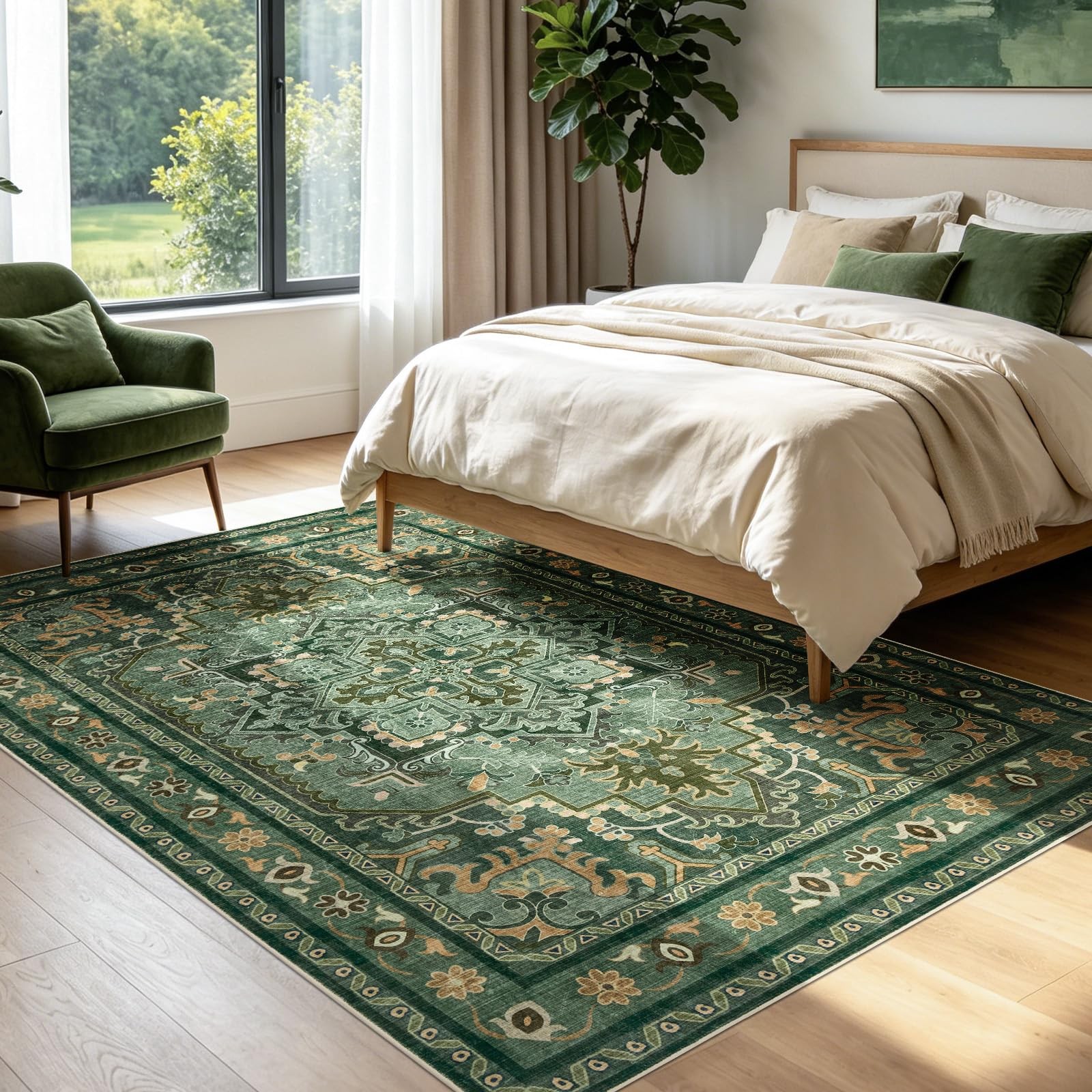 Joydeco Area Rugs 6’x9′ Washable Non-Slip, Floral Vintage Distress Medallion …