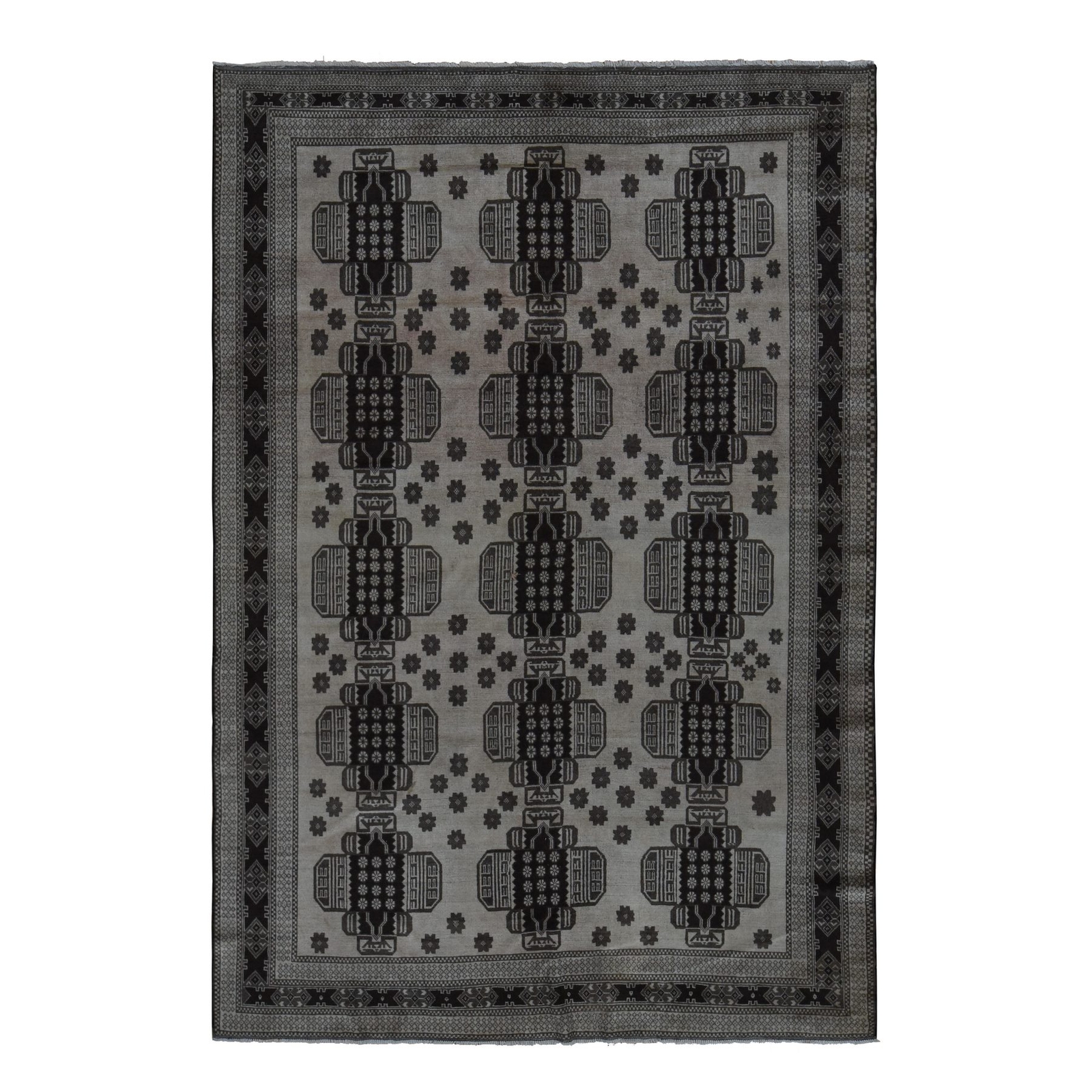 6’7″ x 9’8″ Tan Brown Vintage Afghan Balooch Hand Knotted Pure Wool Rug R78002