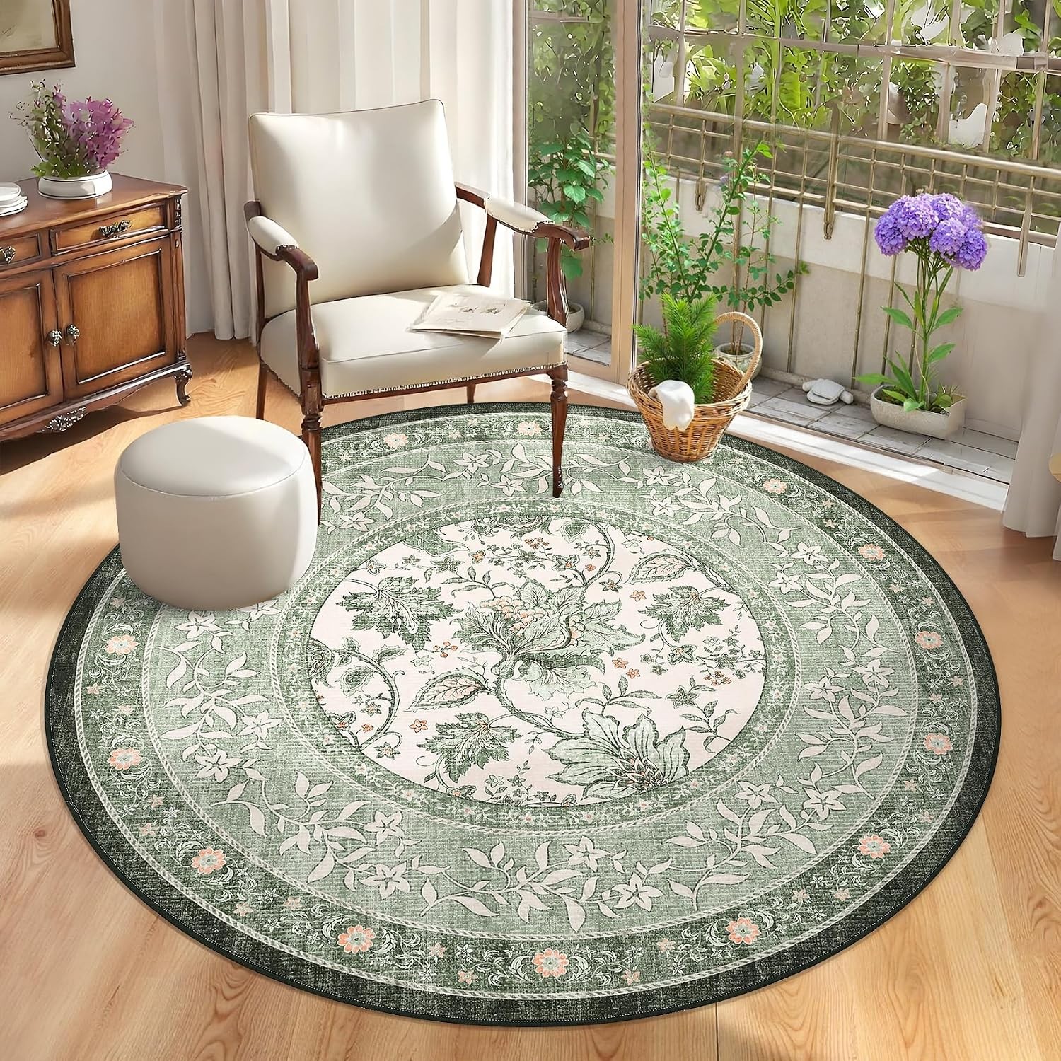 Sage Green Botanical Grove 6ft Round Rug, Small Circle Vintage Cottagecore Soft
