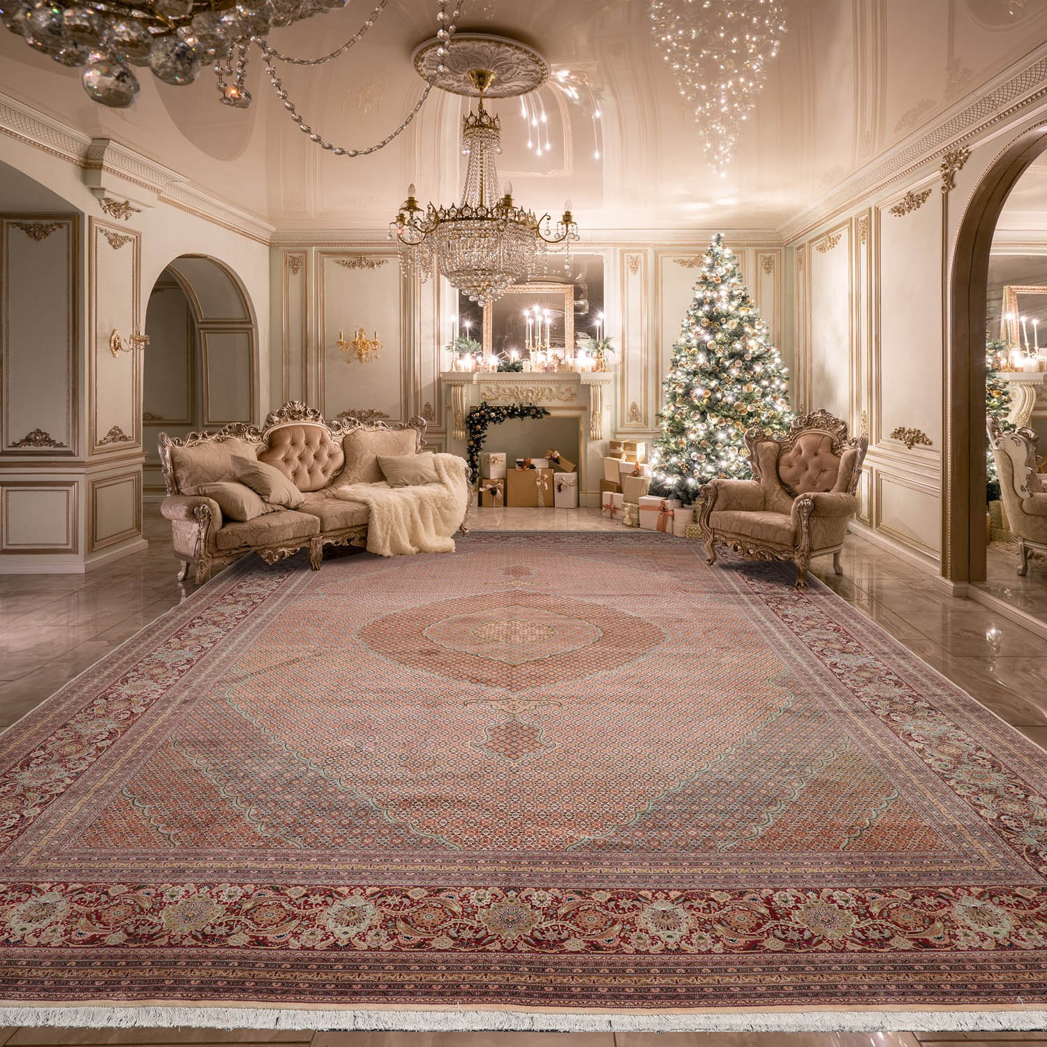 300 KPSI Mahi Tabrizz Palace Hand Knotted Wool & Silk Area Rug Beige 13’1″ x 20′