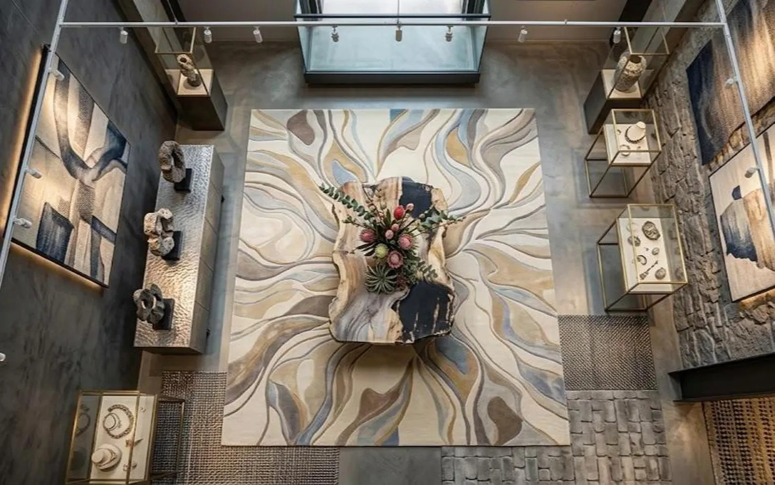 Large Abstract Hand Tufted Wool Modern Swirl Pattern Neutral Beige Gold Grey Rug