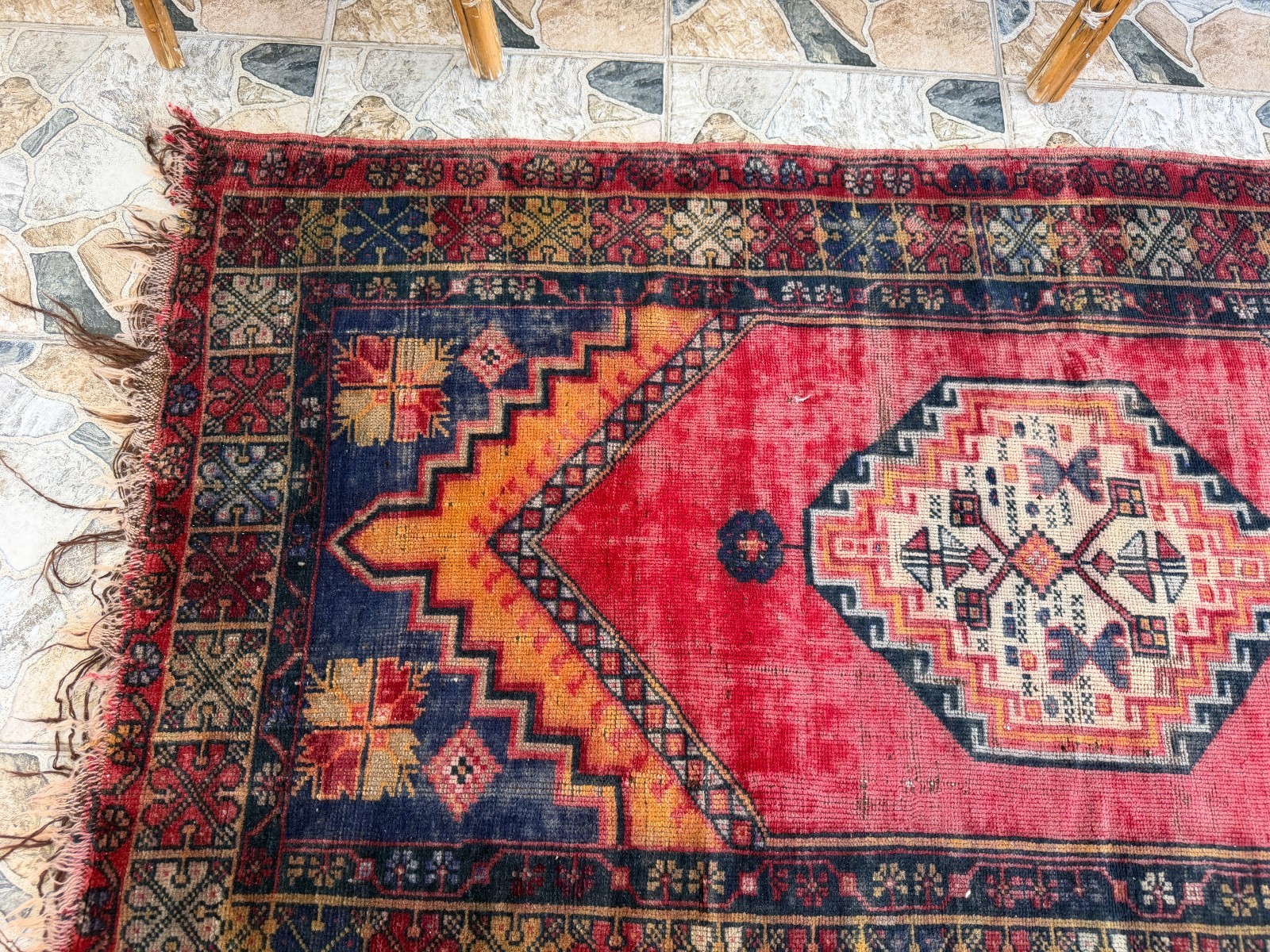 1980s Geometric Turkish Vintage Rug, Distressed Handmade Anatolian Wool Area 4×6