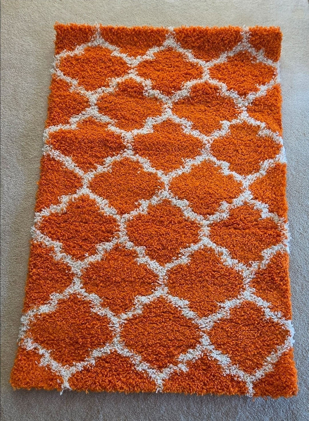 Orange/White Trellis Shag Wool Area Rug 5’x3.5′ Anti-Slip Washable Never Used
