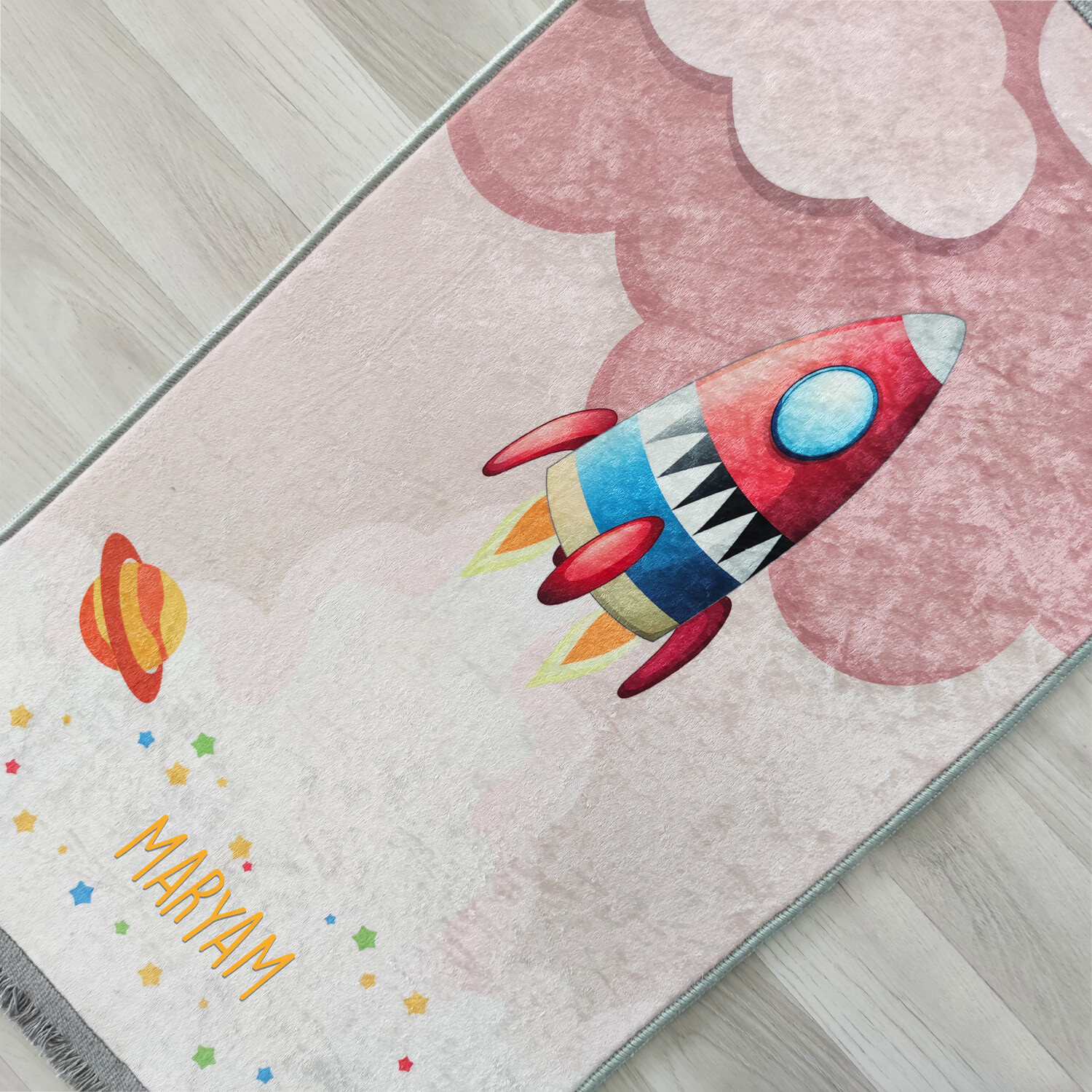 Kids Personalized Spaceship & Clouds Foam Padded Prayer Anti-Slip Mat, 416 Pink