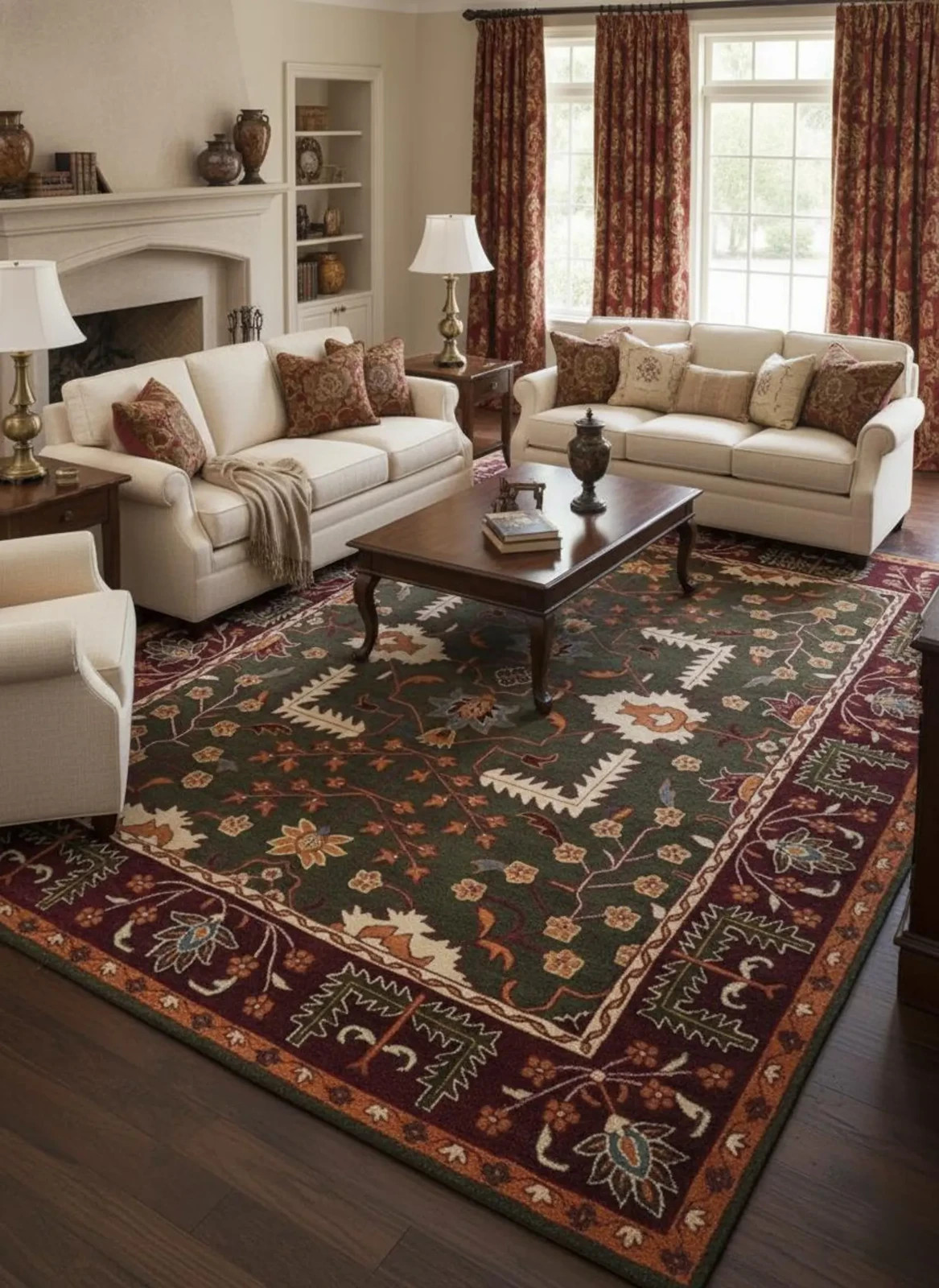 Hand Tufted Wool Rug | Green & Rust Floral Oriental Design for living room 6×9