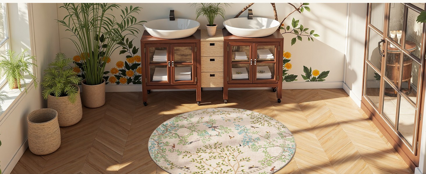 Yarden Round Rugs 8ft Beige Botanical Birds Print Machine Washable 8′ Circle