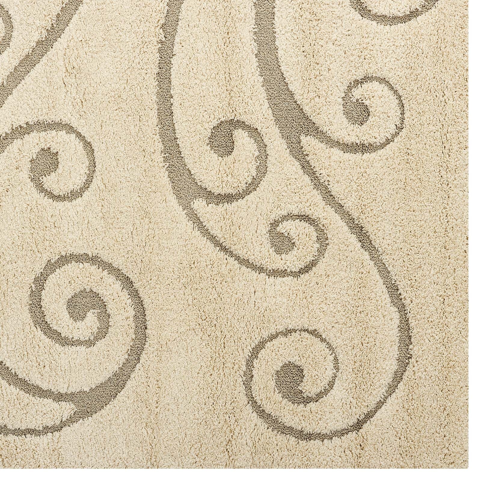 Modway Jubilant Sprout Scrolling Vine 5×8 Shag Area Rug in Creame and Beige