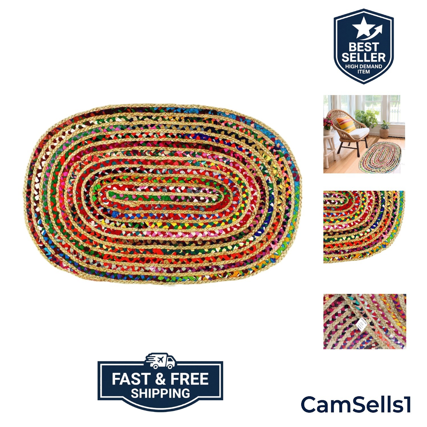 Jute Chindi Braid Rag Rug – Boho Farmhouse Rustic Area Accent Throw Rug – Han…