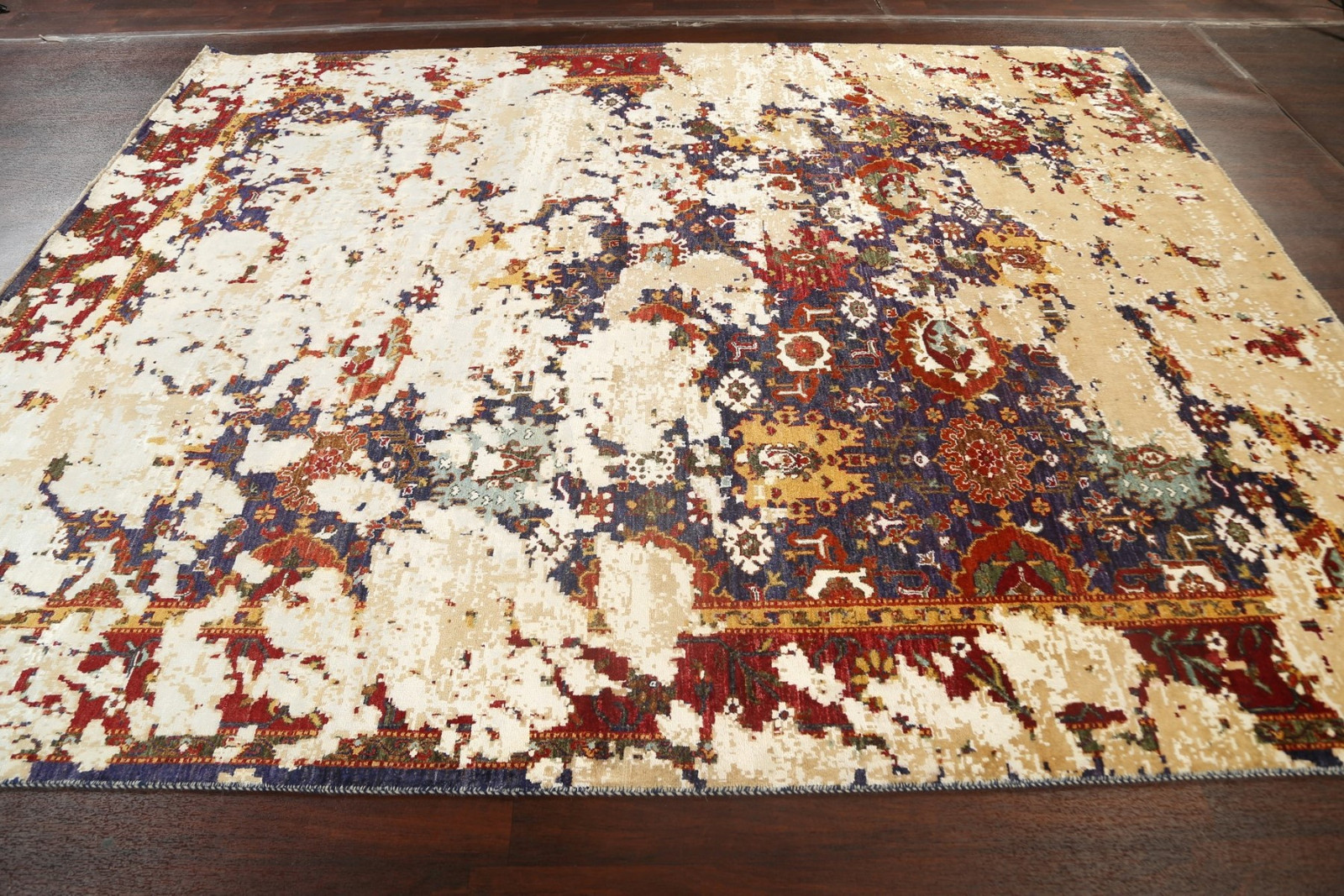 Handmade Vegetable Dye Distressed Rug 8×10 Ft Abstract Wool & Silk Carpet