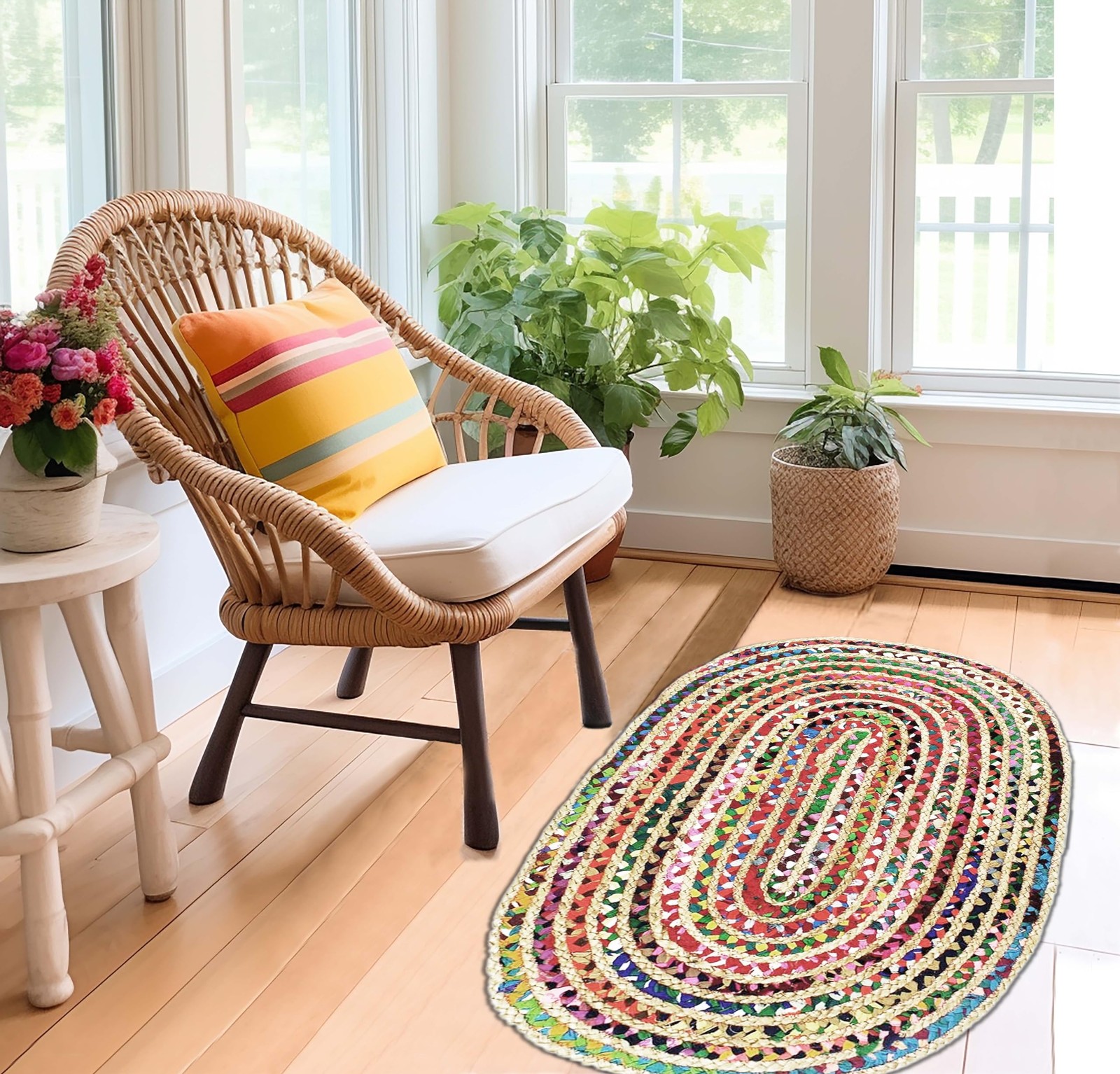 3×5 Ft Oval Jute Chindi Braid Rag Rug Multi Color Handwoven Reversible Area Mat