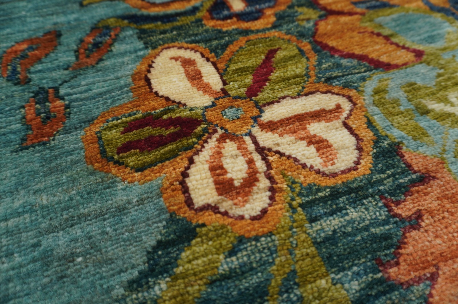 7×10 ft Turquoise Blue Floral Afghan Hand Knotted Wool Area Rug