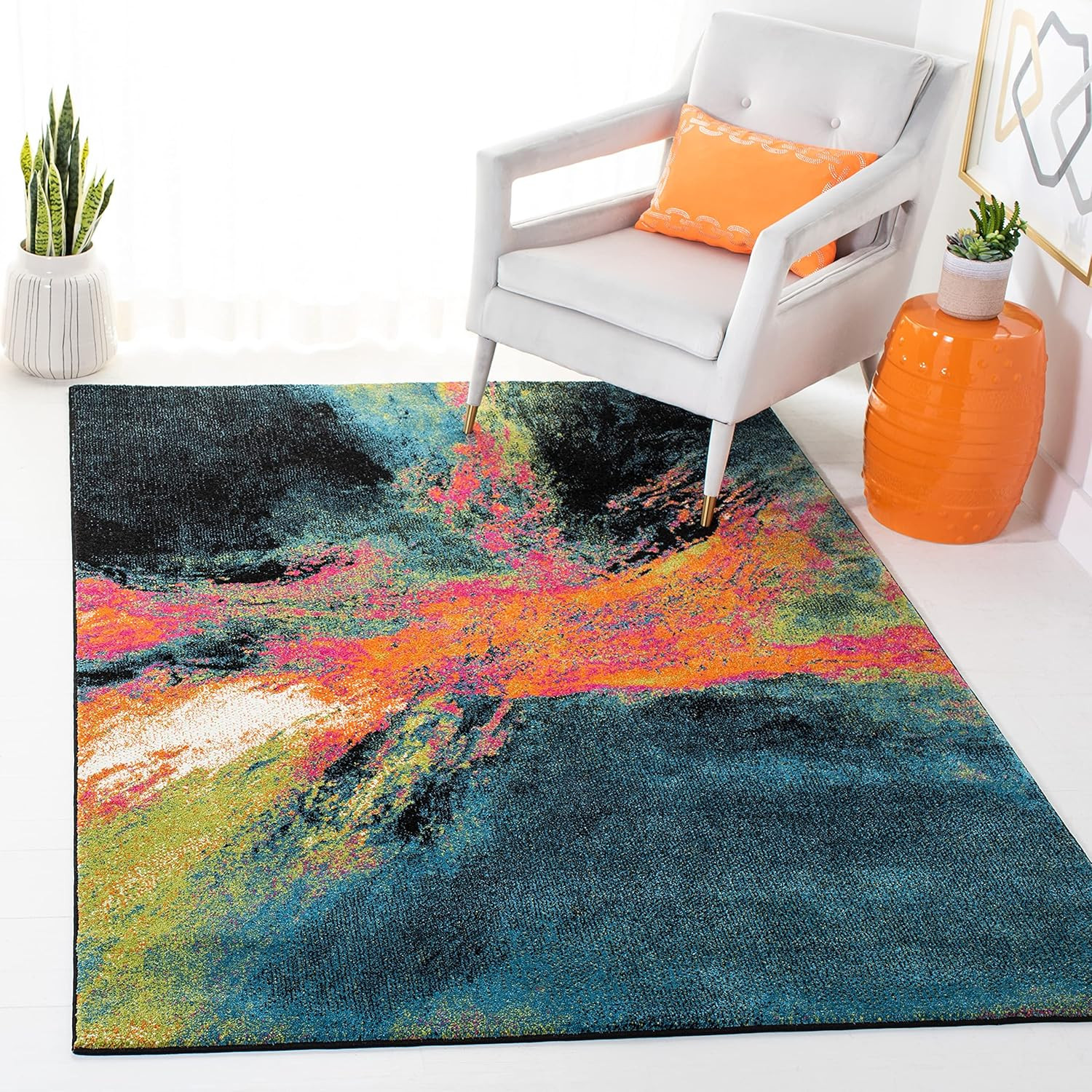 Galaxy Collection Area Rug – 6’7″ X 9′, Blue & Orange, Modern Abstract Design, N