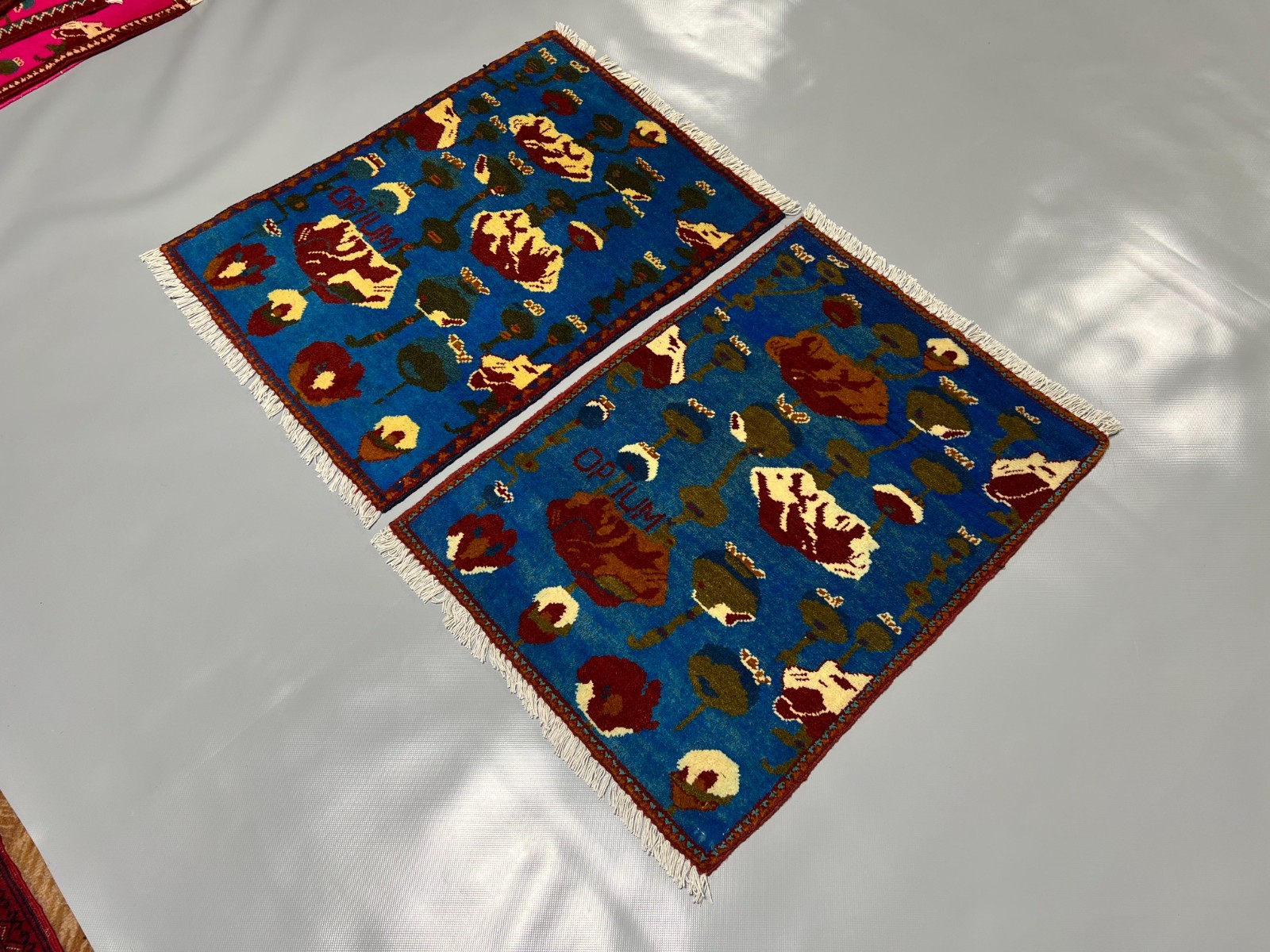 2×2 Set of 2 Afghan Blue Poppy Rugs Handmade Wool Opium Floral Tribal Accent