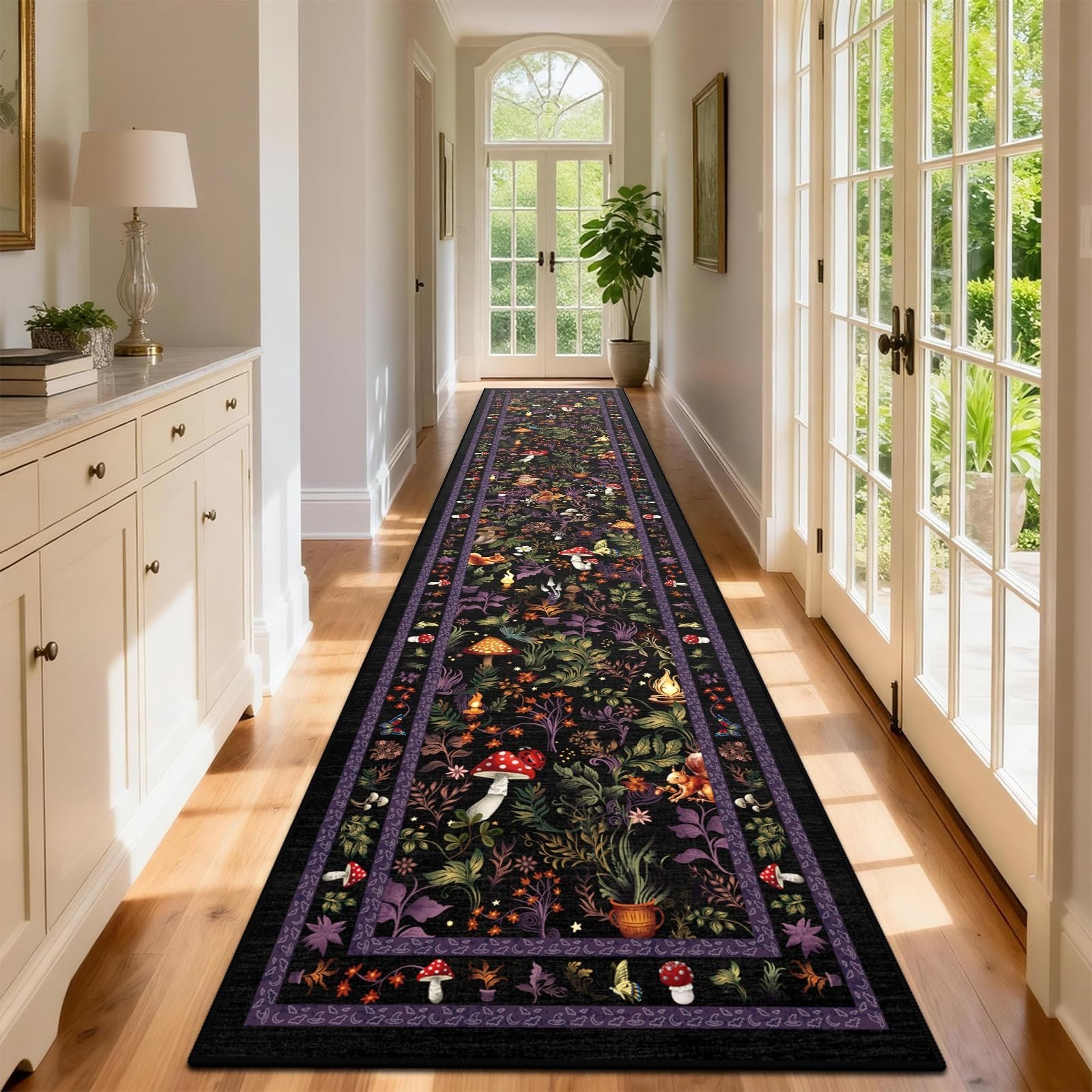 Botanical Animal Print 2x10ft Non-Slip Hallway Runner Rug – Washable Thin Entryw