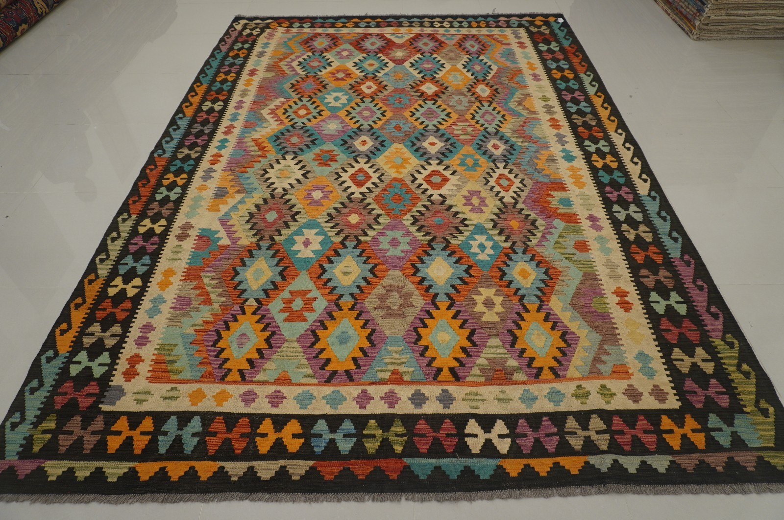 8×11 ft Black Afghan Handmade Geometric Wool Kilim Area Rug (8’3″x11’5″)