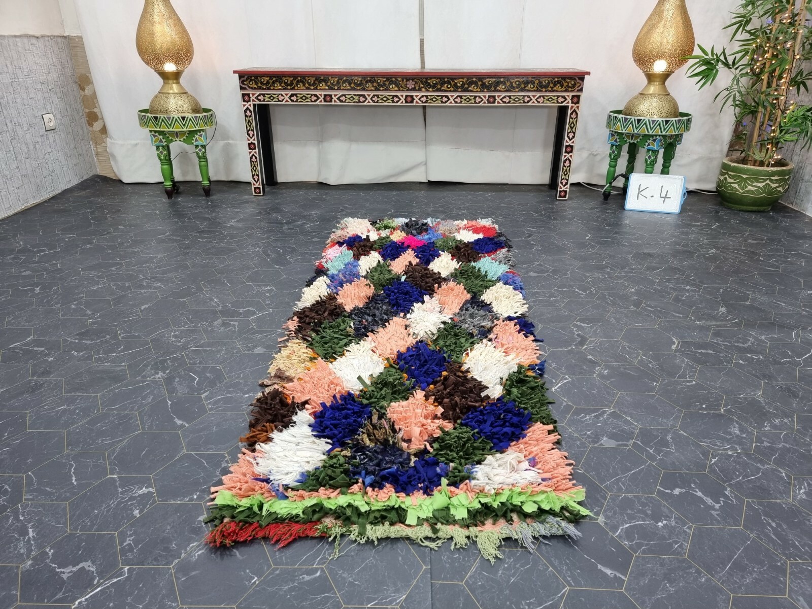 Moroccan Handmade Vintage Boucherouite Rug 2’2″x6’2″ Geometric Multicolor Carpet