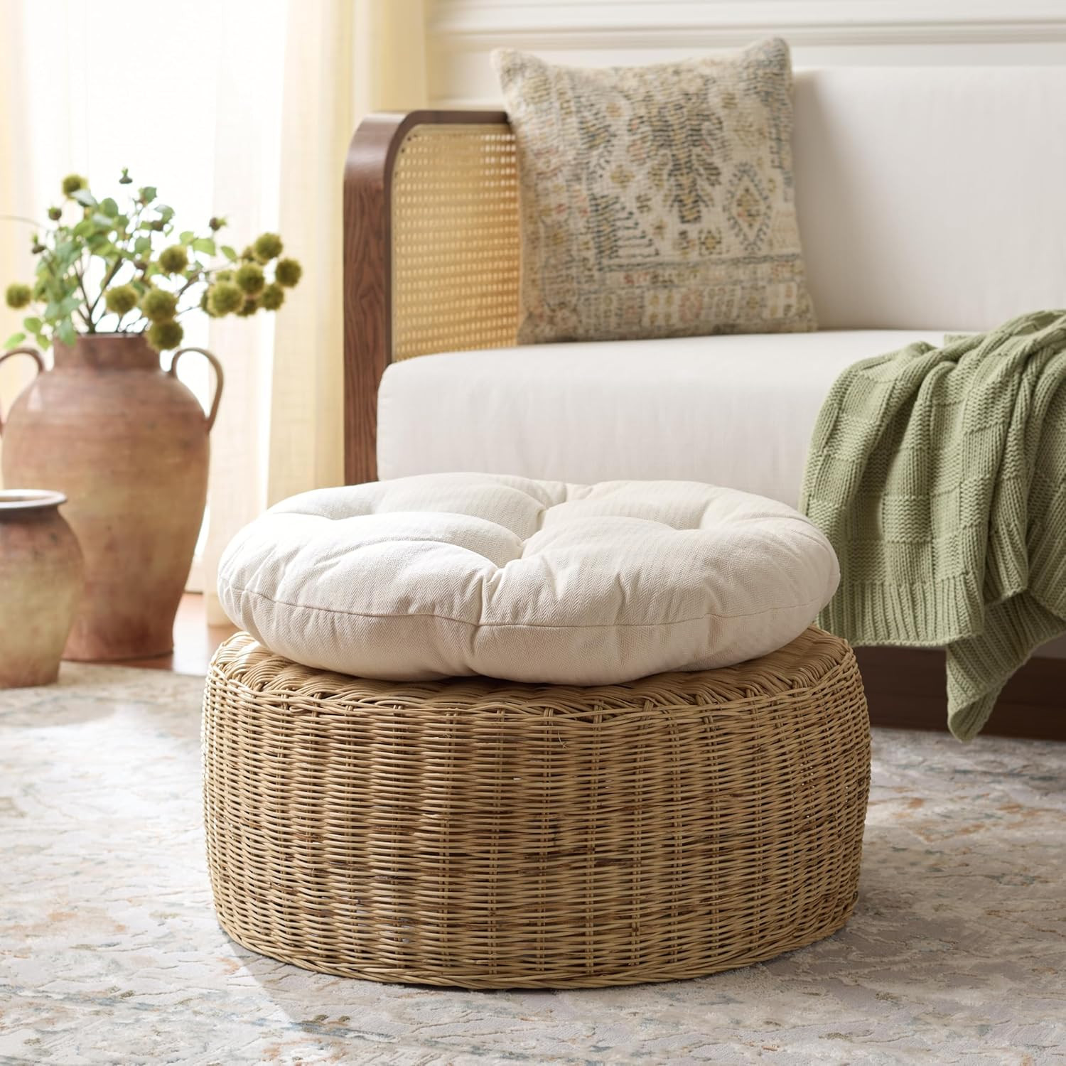 Bori White Round Woven Ottoman with Cushion – Ready to Use!