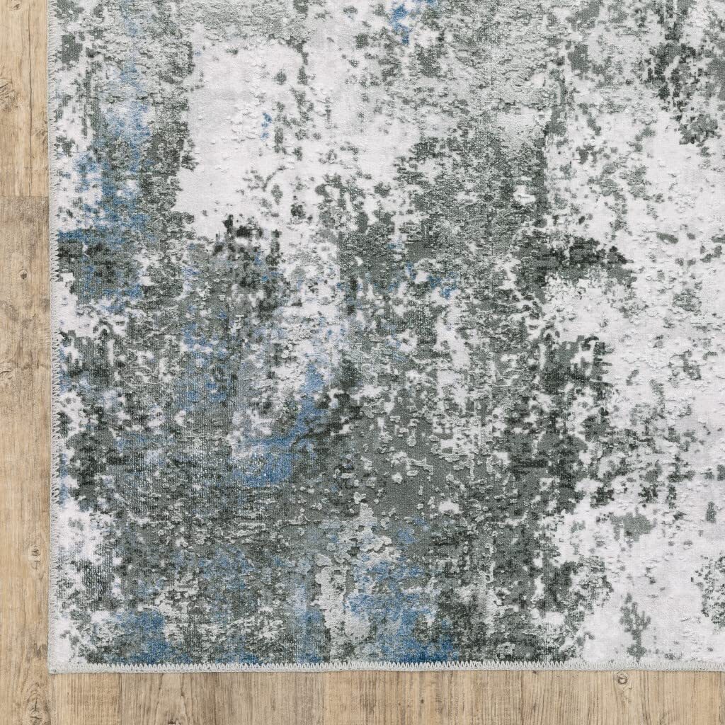 8′ X 10′ Silver Grey Charcoal And Light Blue Abstract Printed Stain Resistant
