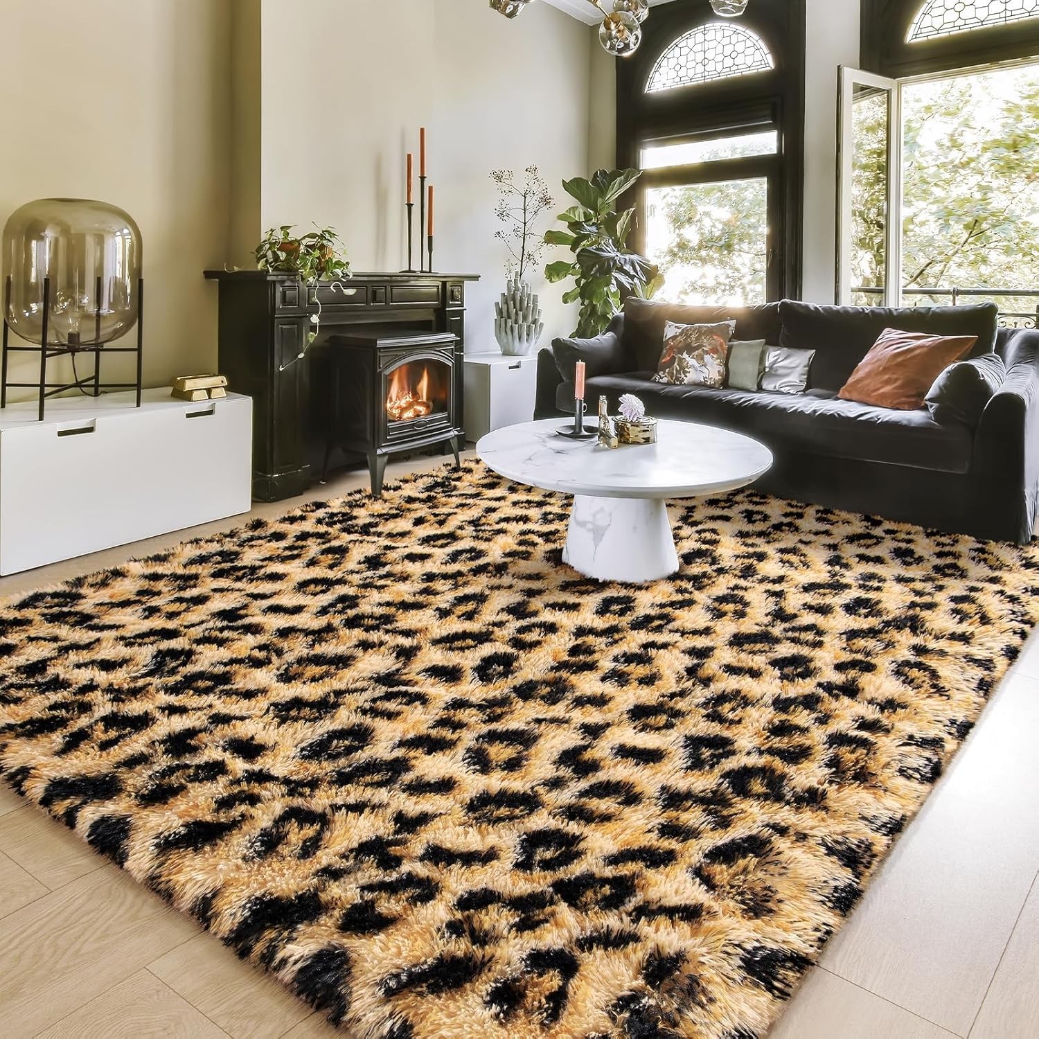 8×10 Fluffy Leopard Rug, 8 x 10 Feet Premium Cheetah Print Area Rugs, Soft Comfy