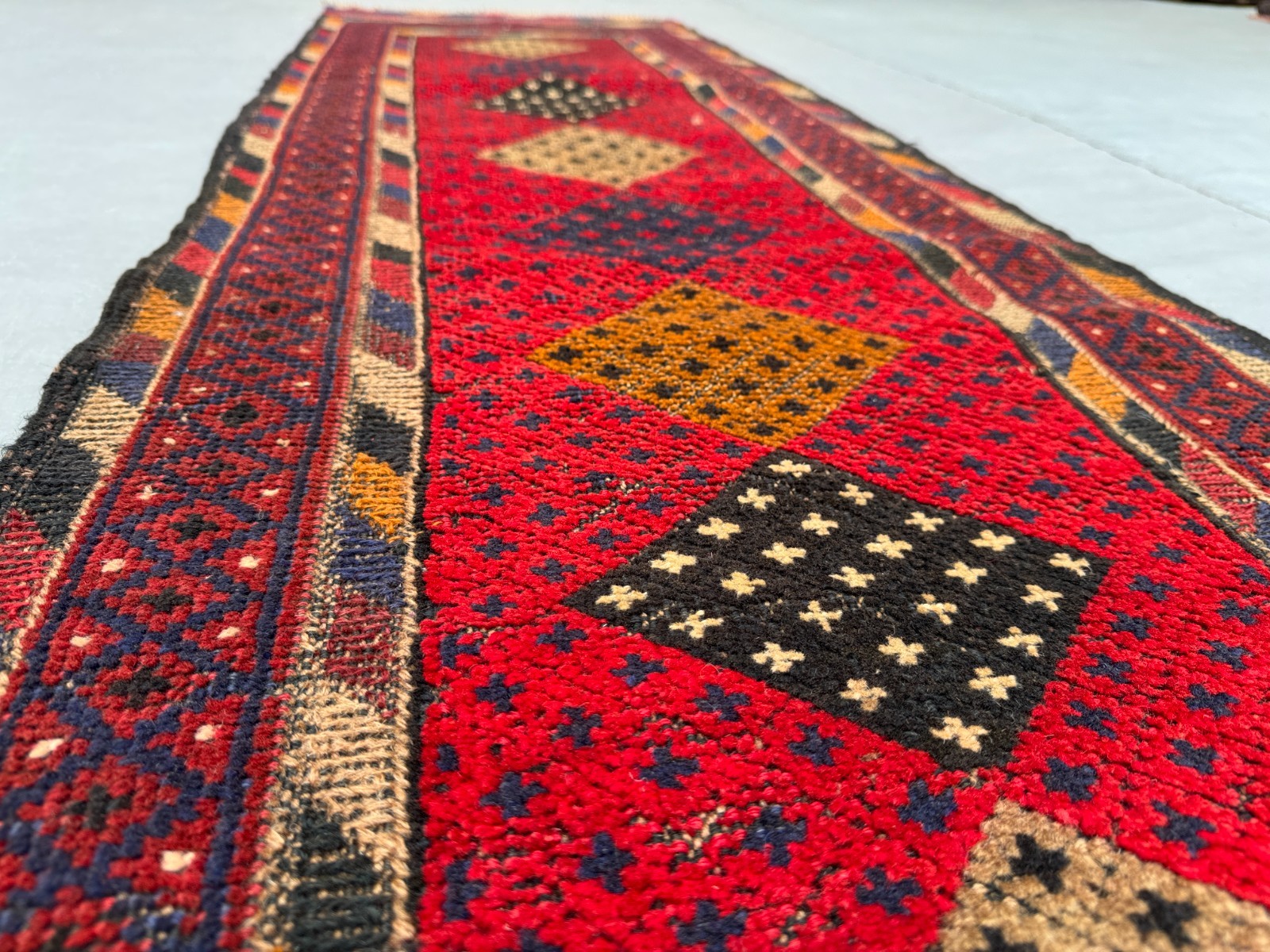 2 x 8’7 Ft Bold Mishwani Tribal Runner Rug- Vintage Afghan Geometric Wool Carpet