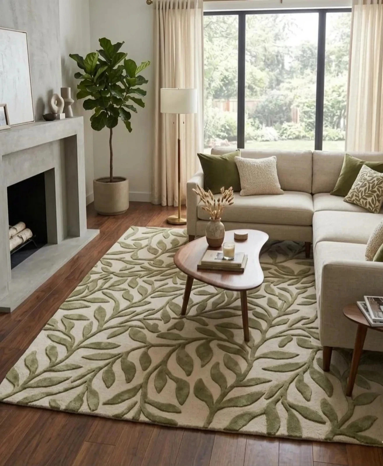 Green Leaf Rug, Wool area Rug, Living Room Rug, Hand Tufted Wool Rug, plaid 6×9