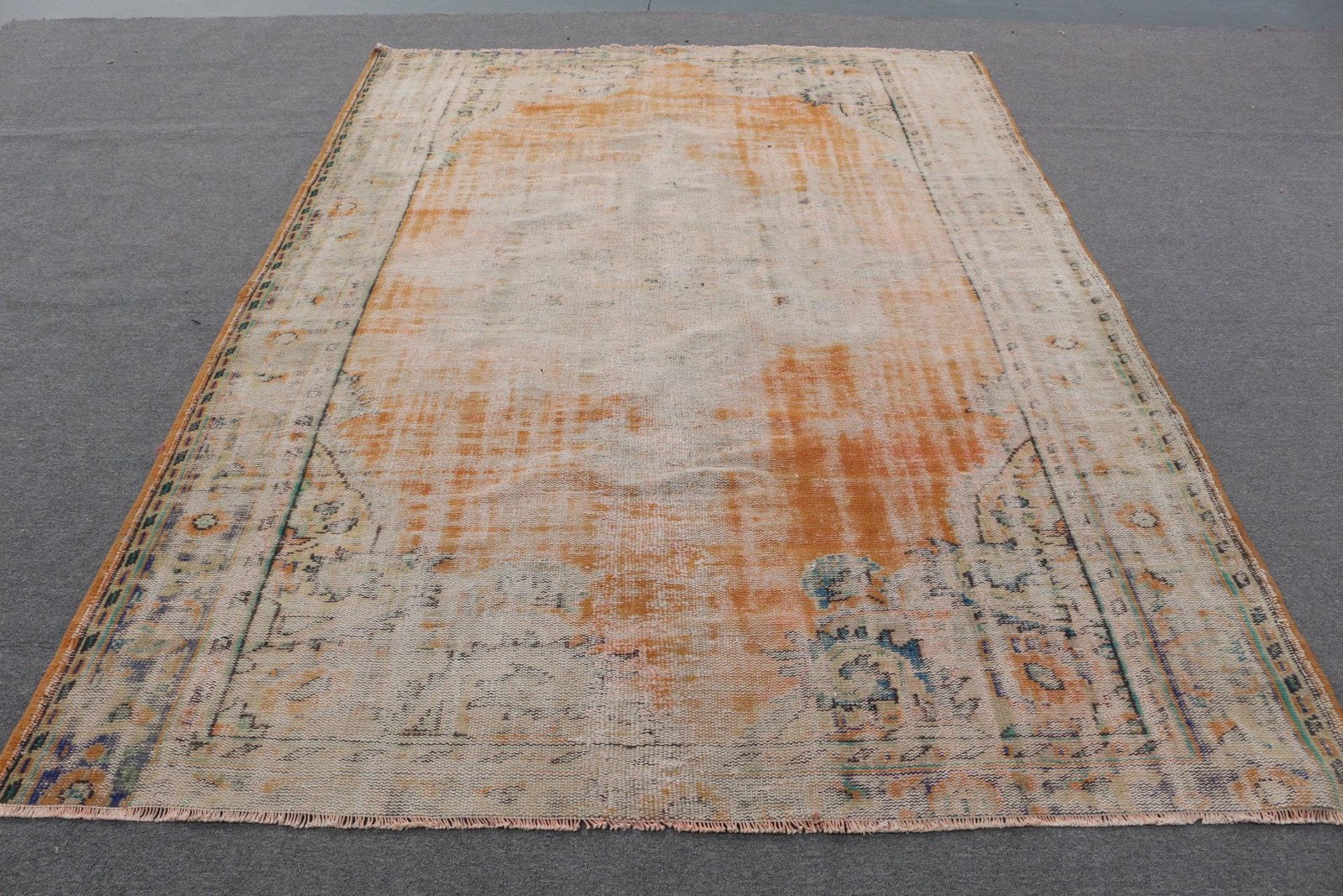 Vintage 6,46×9,5 ft Rug, Large Turkish Rug, Orange White Floral Rug