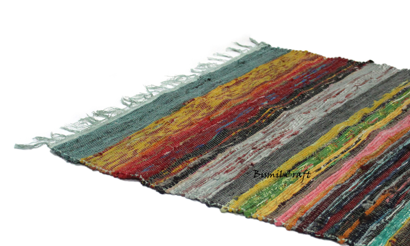 Green Chindi Rag Rug 100% Recycled Cotton Woven Floor Mat 5×7 Feet Boho Flat Rug