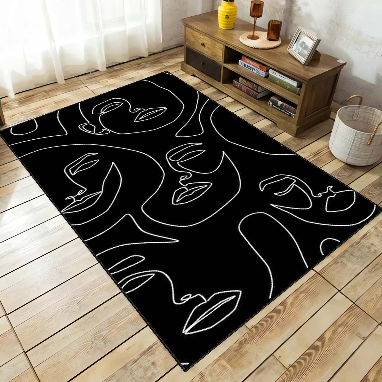Line Art Black and White Rug, Line Face Art Rug, Art Area Mat, Face Art Rug