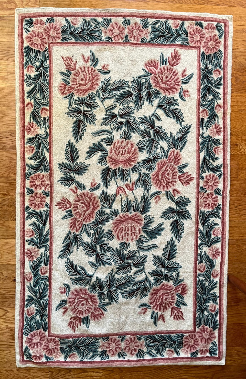 Chain Stitched French Aubusson Rug in Cream, Green, and Pink, 35 x 57 Inches