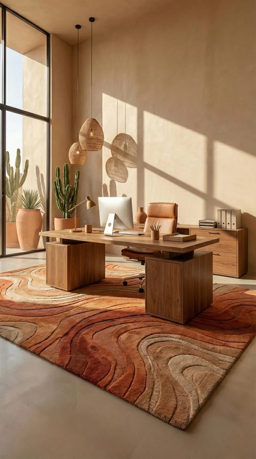 Hand Tufted Abstract Rug, Mid Century Modern Terracotta Wool Carpet, Organic