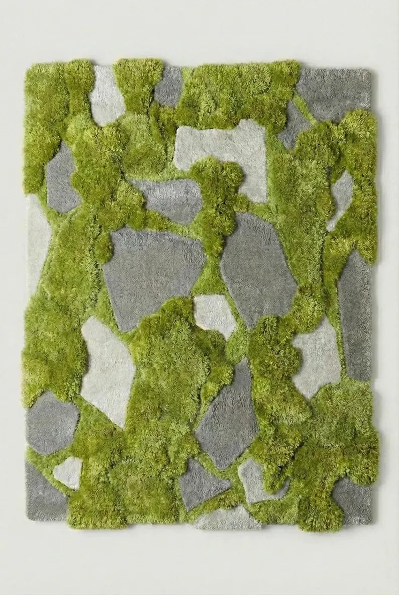3D Moss and Stone Rug, Realistic Forest Floor Carpet, Hand Tufted Wool Area Rug