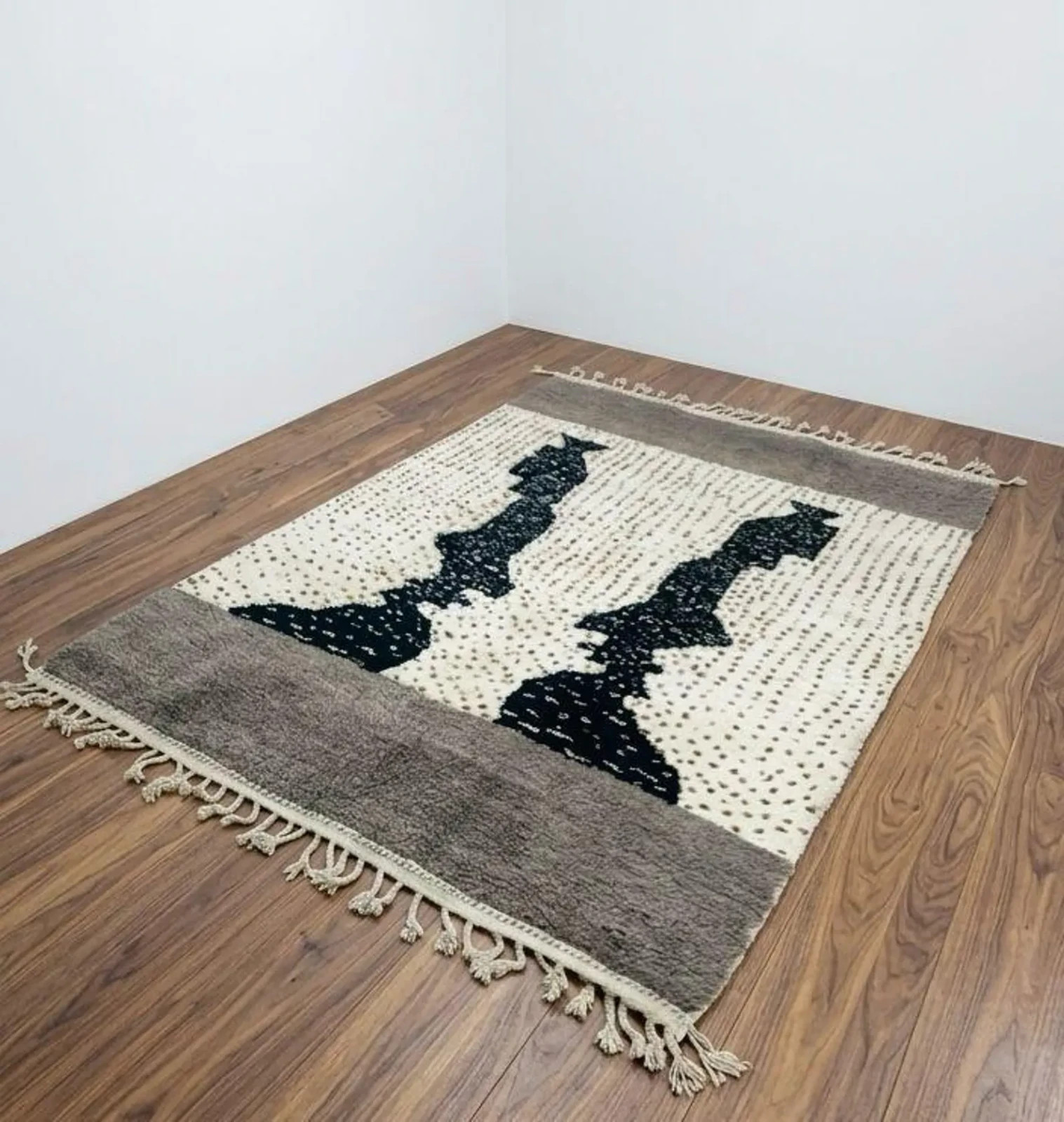 Handmade Beni Ouraina Rug Moroccan Berber Wool Carpet Black Ivory Tribal Design