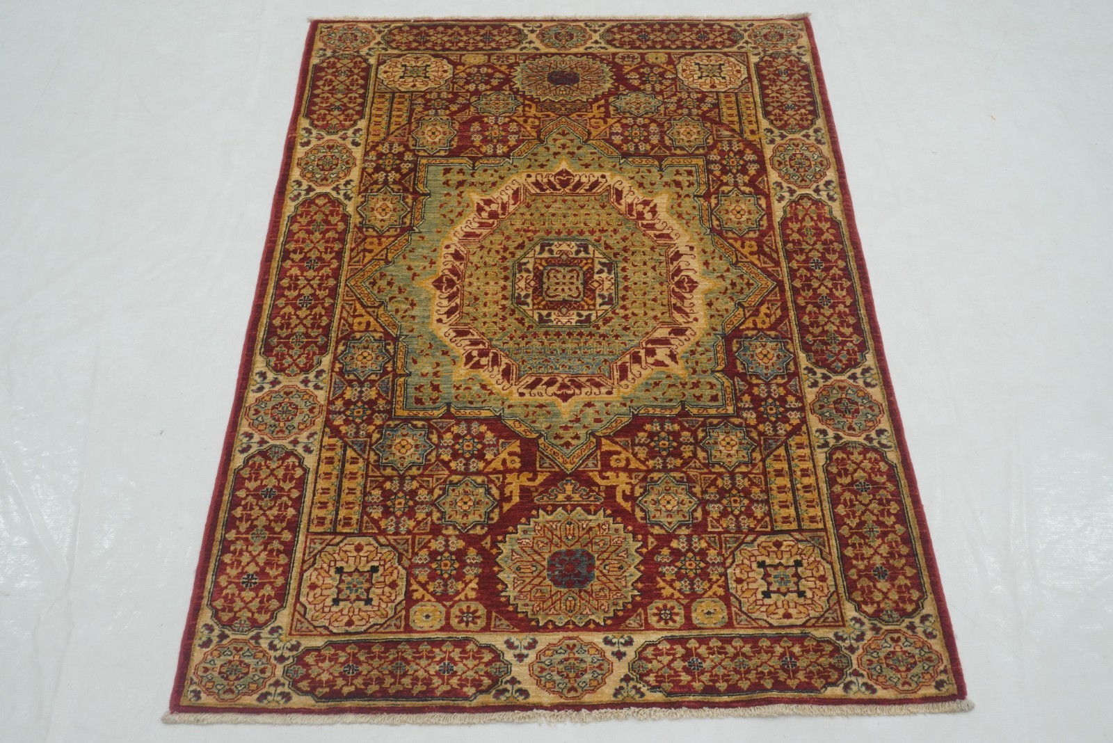 4×5 ft Red Mamluk Afghan Hand Knotted Wool Medallion Area Rug