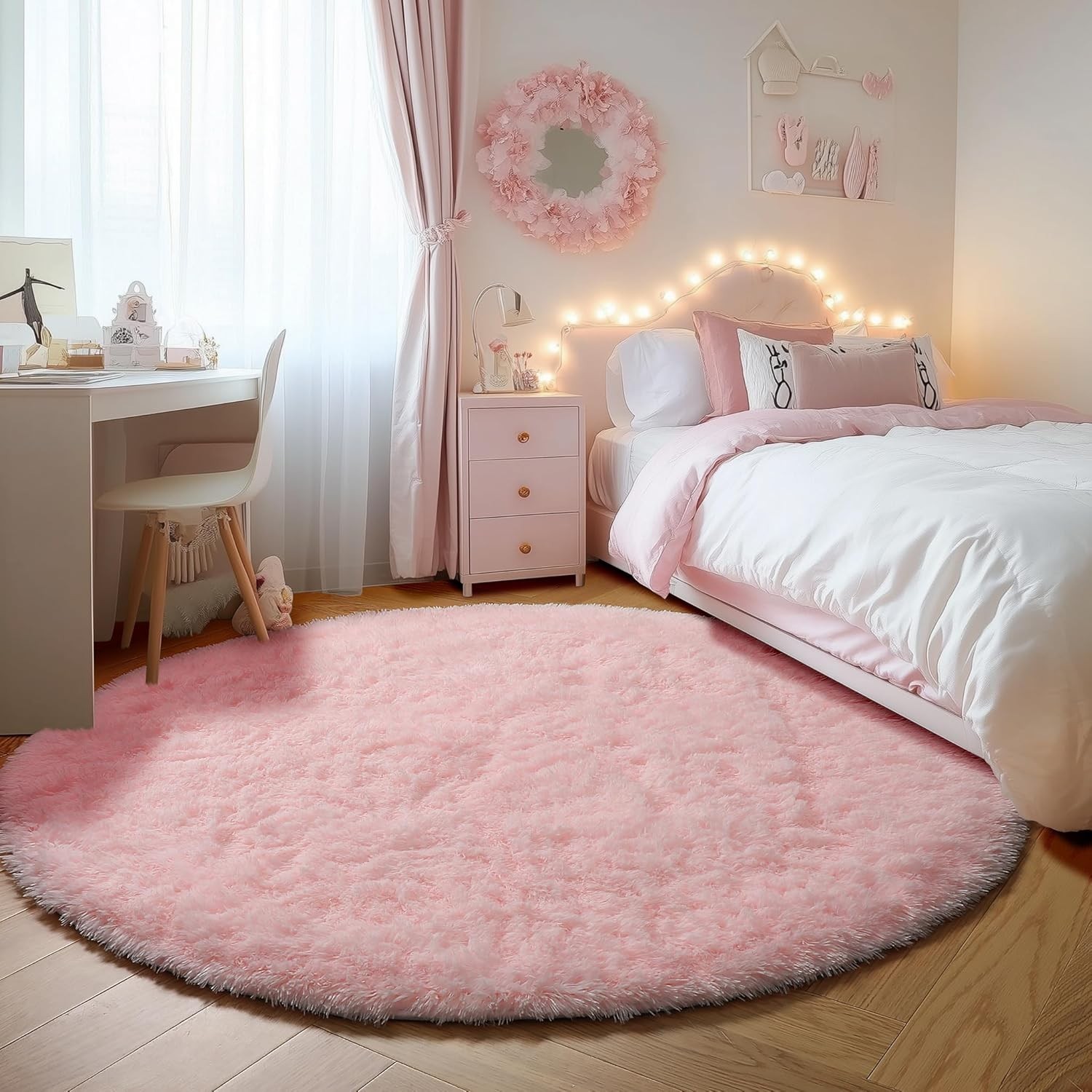 Light Pink Fluffy Round Rugs 4ft for Girls Bedroom, Circle Area Rug for Kids …