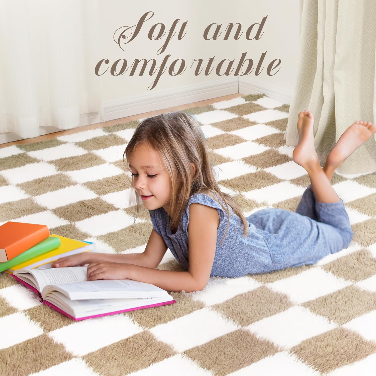Cozy 6×9 Ft Beige & White Checkered Shag Rug for Bedroom & Living Room