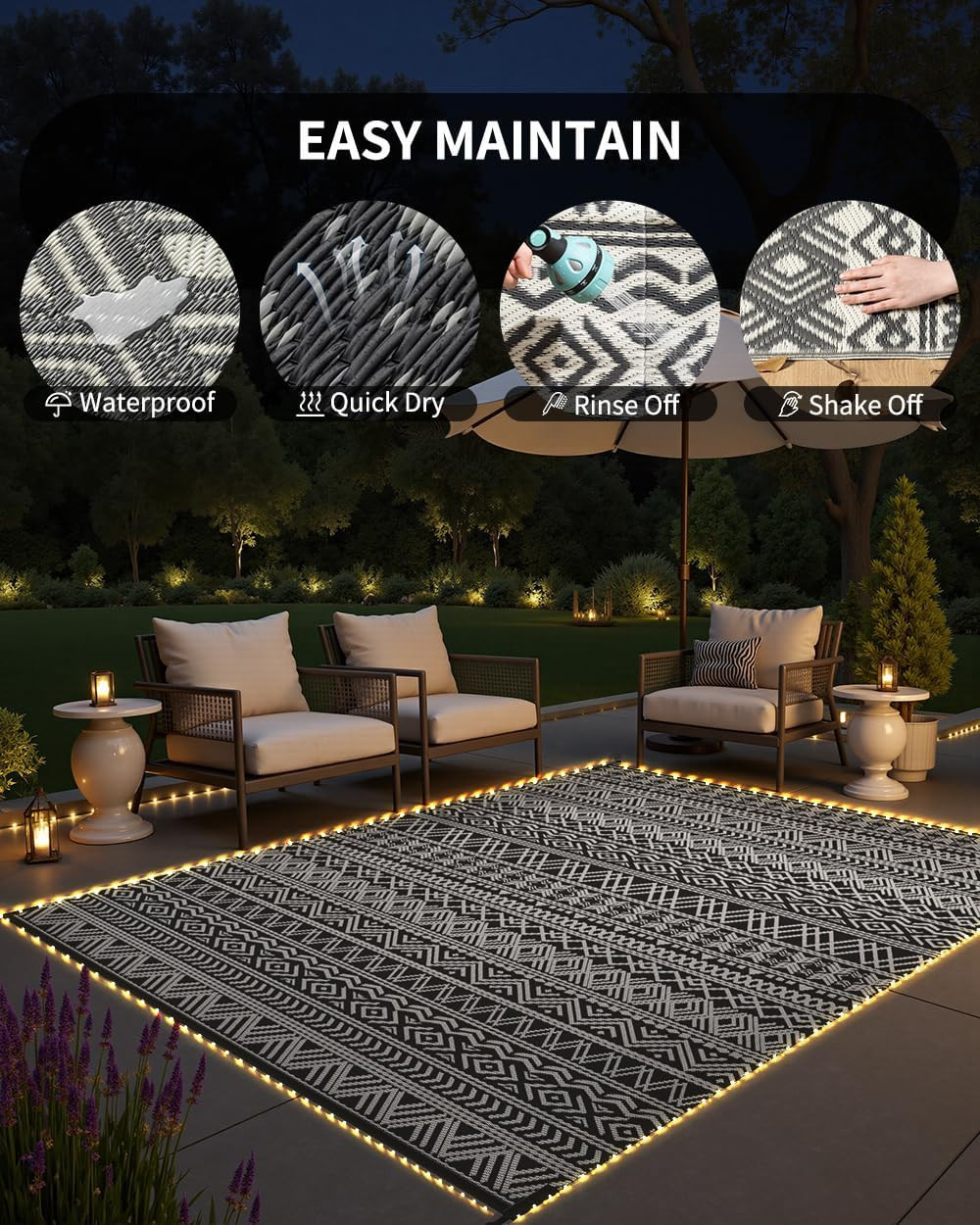 MontVoo-Outdoor Rug Carpet 9×12 ft for Patio RV ft, Grey+strip Lights