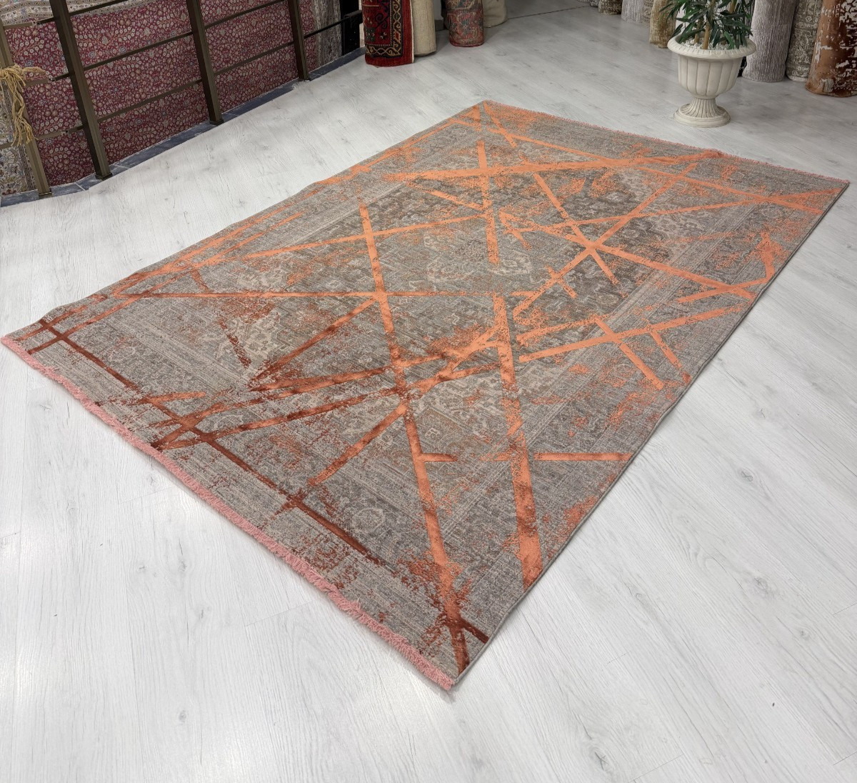 Turkish Bamboo Area Rug 7×10 Modern Abstract Large Living Room Carpet Gray Coppe