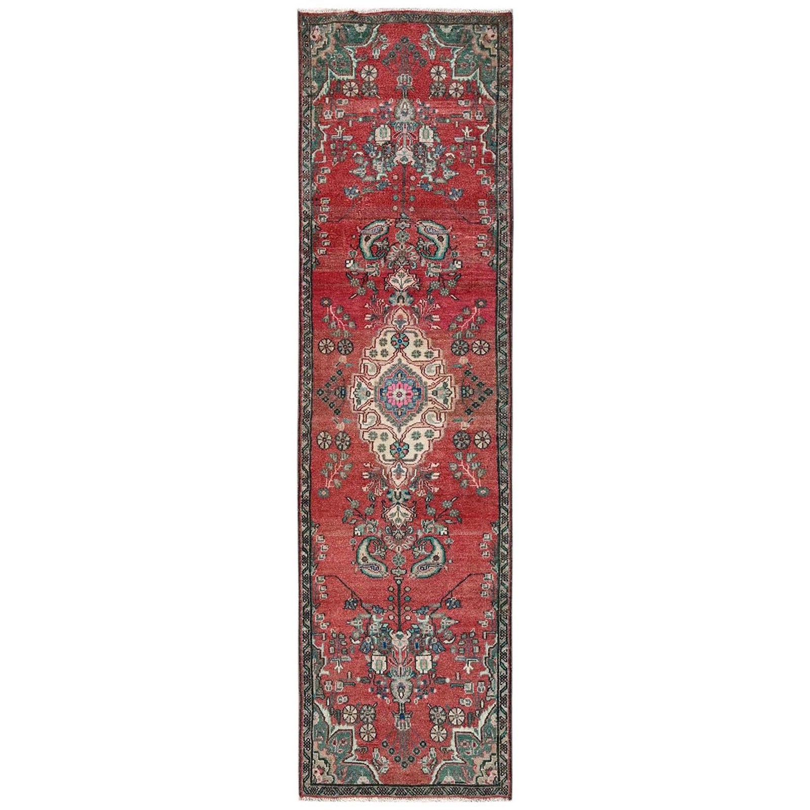 2’6″x9’6″ Red Vintage Zoroastrian Medallion Design Wool Hand Knotted Runner Rug