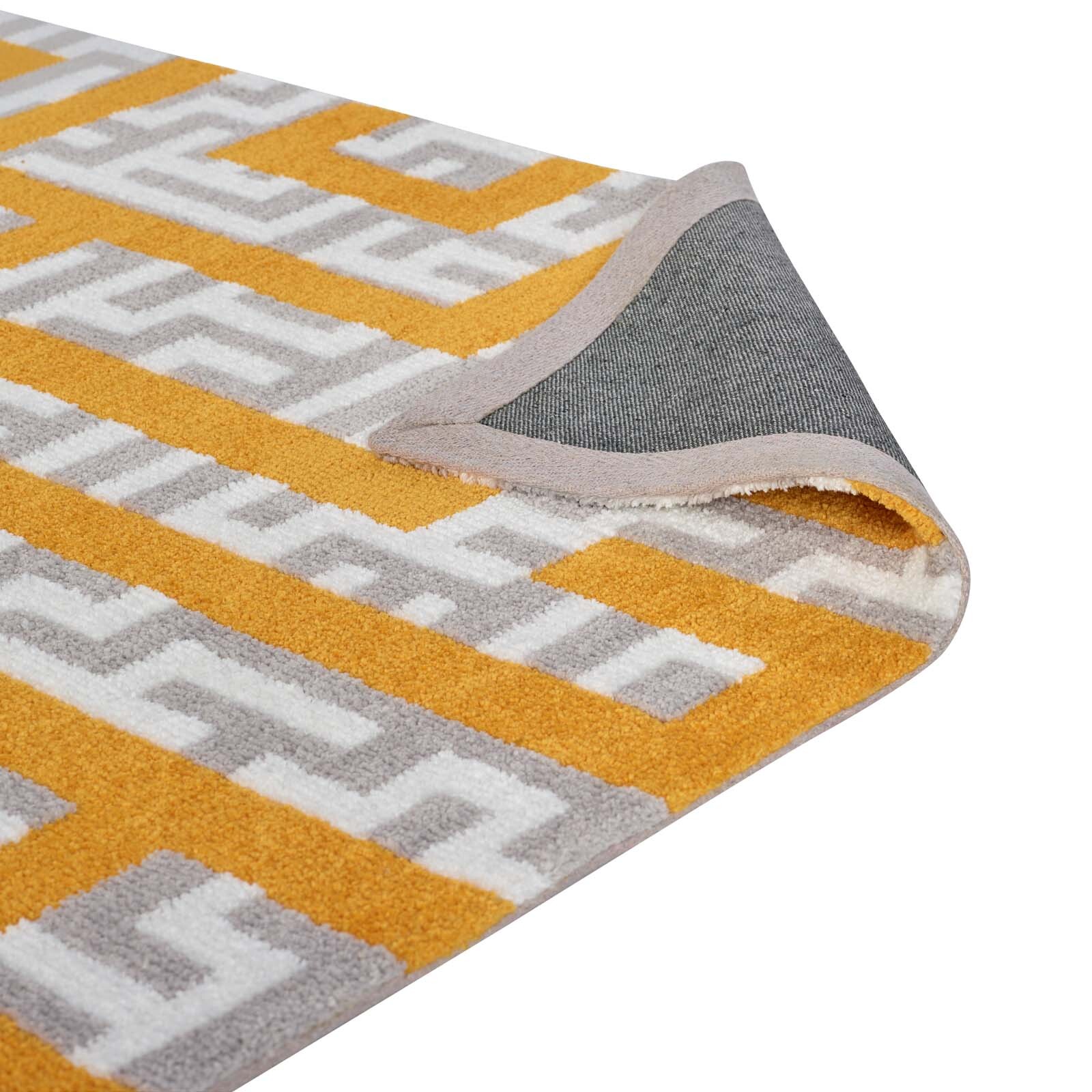 Geometric Maze Microfiber 8×10 Area Rug in Ivory, Light Gray and Banana Yellow