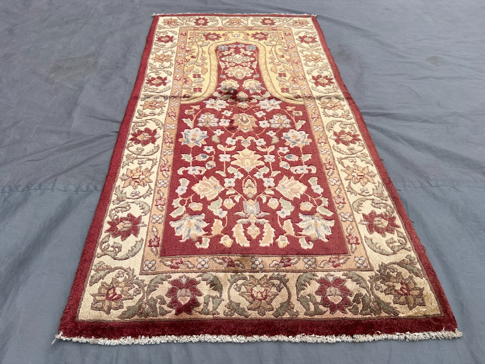 Red Turkish 2×4.1ft Vintage Hand Knotted Silk Rug Prayer Floral Wall Hanging