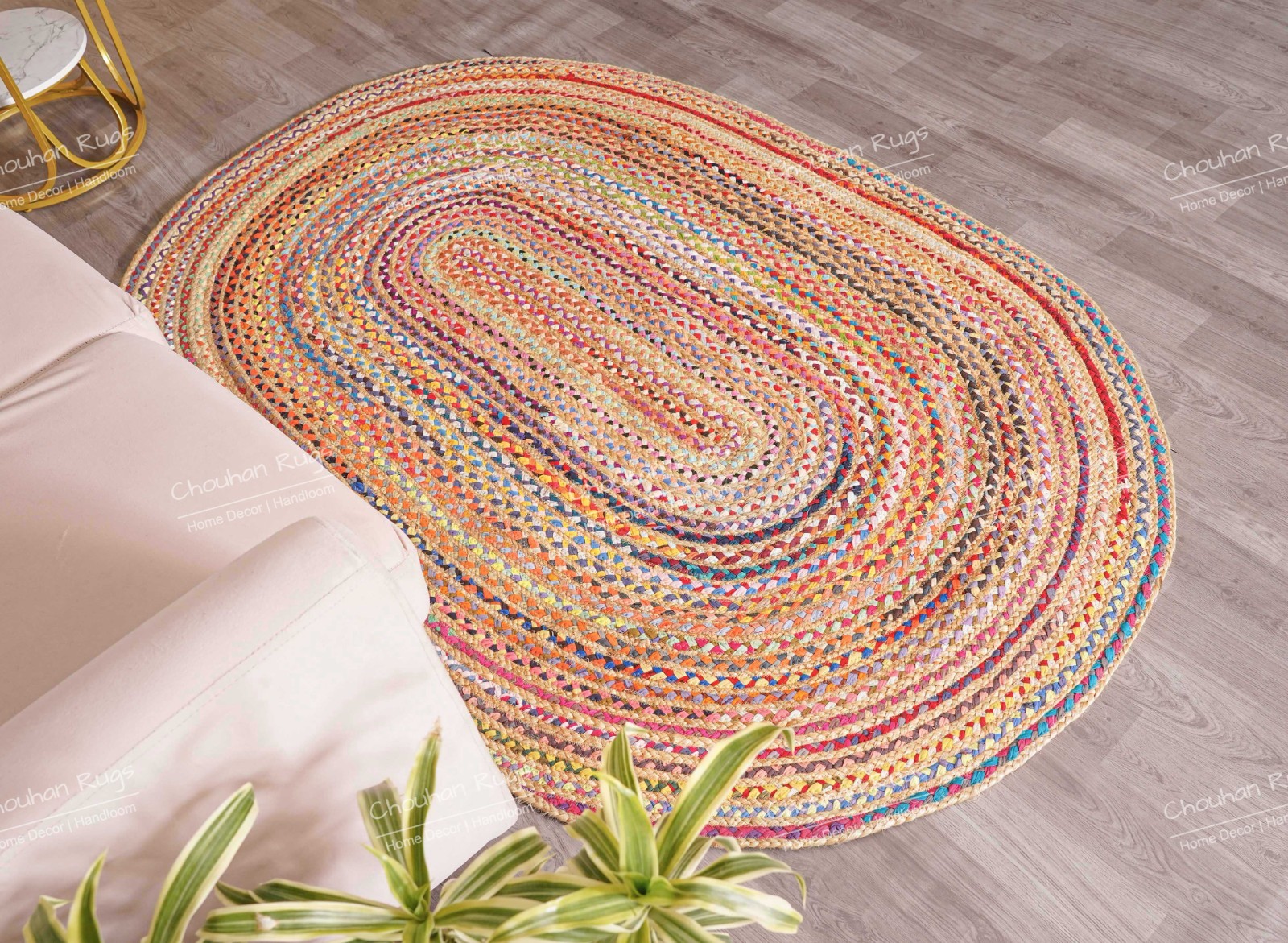 Hand Braided Chindi Jute Rug Oval Shape Reversible Boho Floor Mat Carpet