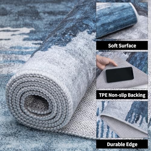 Modern Abstract Deep Blue Gray Rug for Living Room, 9’x12′ Machine Washable