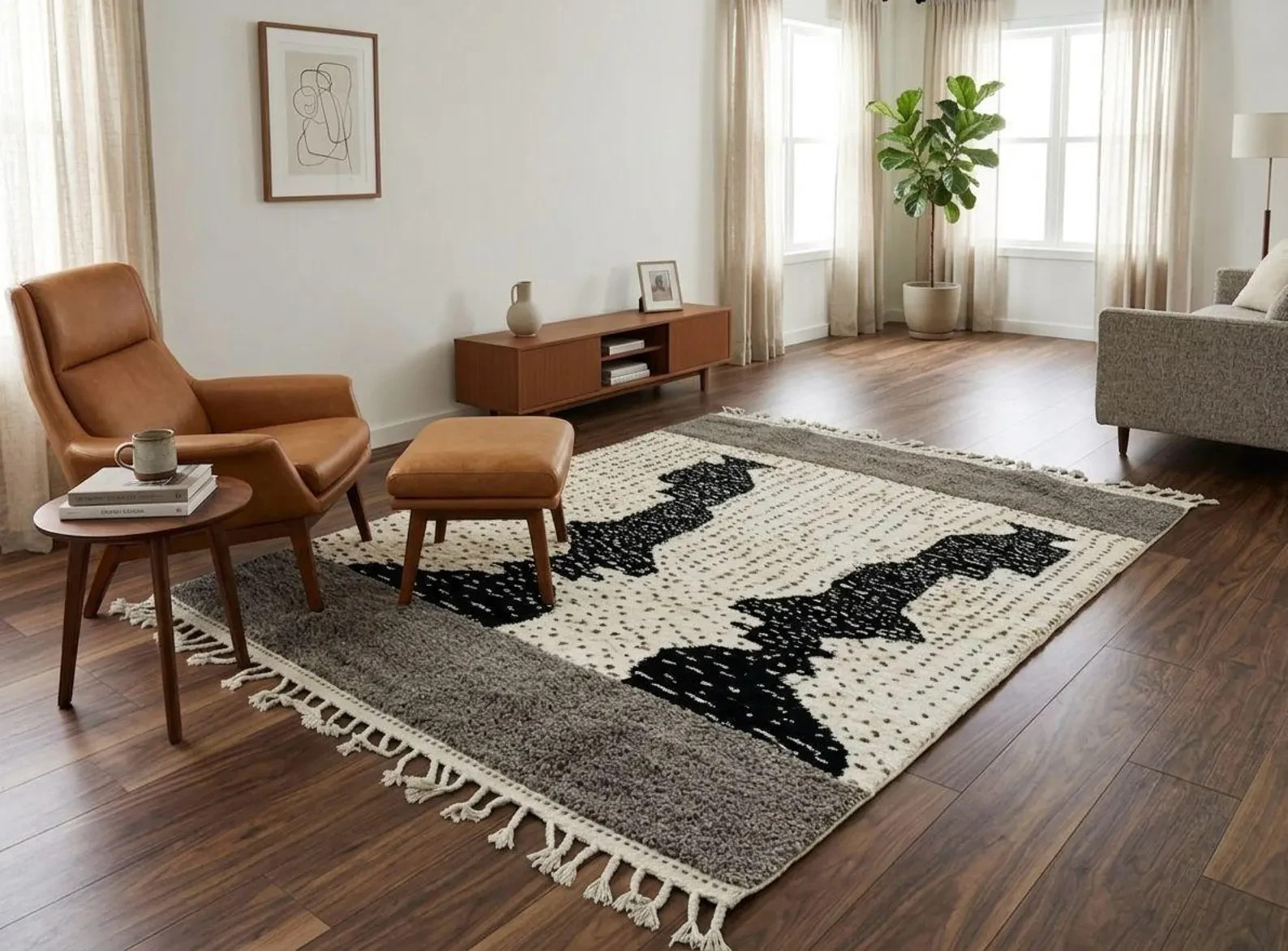Handmade Beni Ouraina Rug Moroccan Berber Wool Carpet Black Ivory Tribal Design