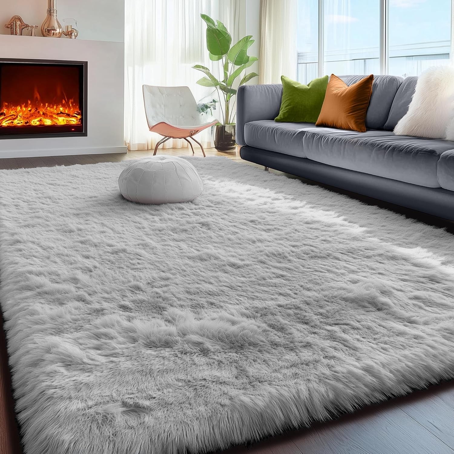 Super Soft Shaggy Area Rug 5×7 Feet Light Grey Plush Microfiber for Living Room