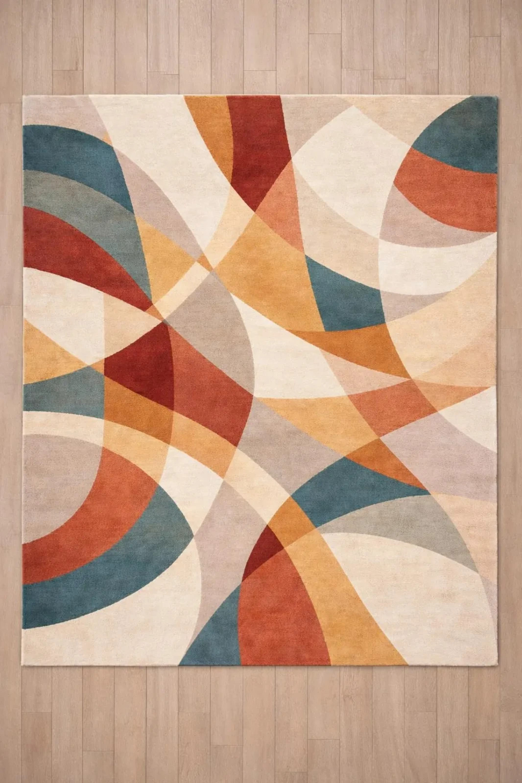 Hand Tufted Wool Rug – Modern Abstract Geometric Terracotta Teal Beige Carpet