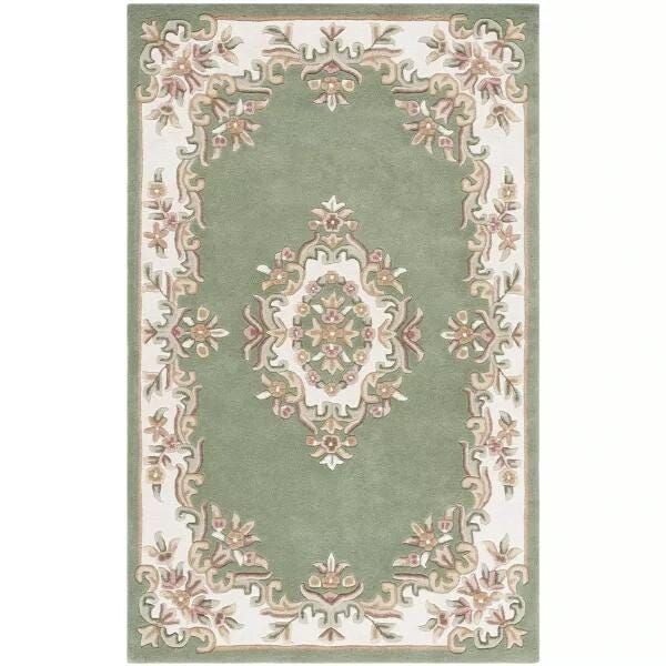 Green & White Aubusson Design Rug Banded Wool Carpet Area Rug 8X10 9X12 6X9 5X8