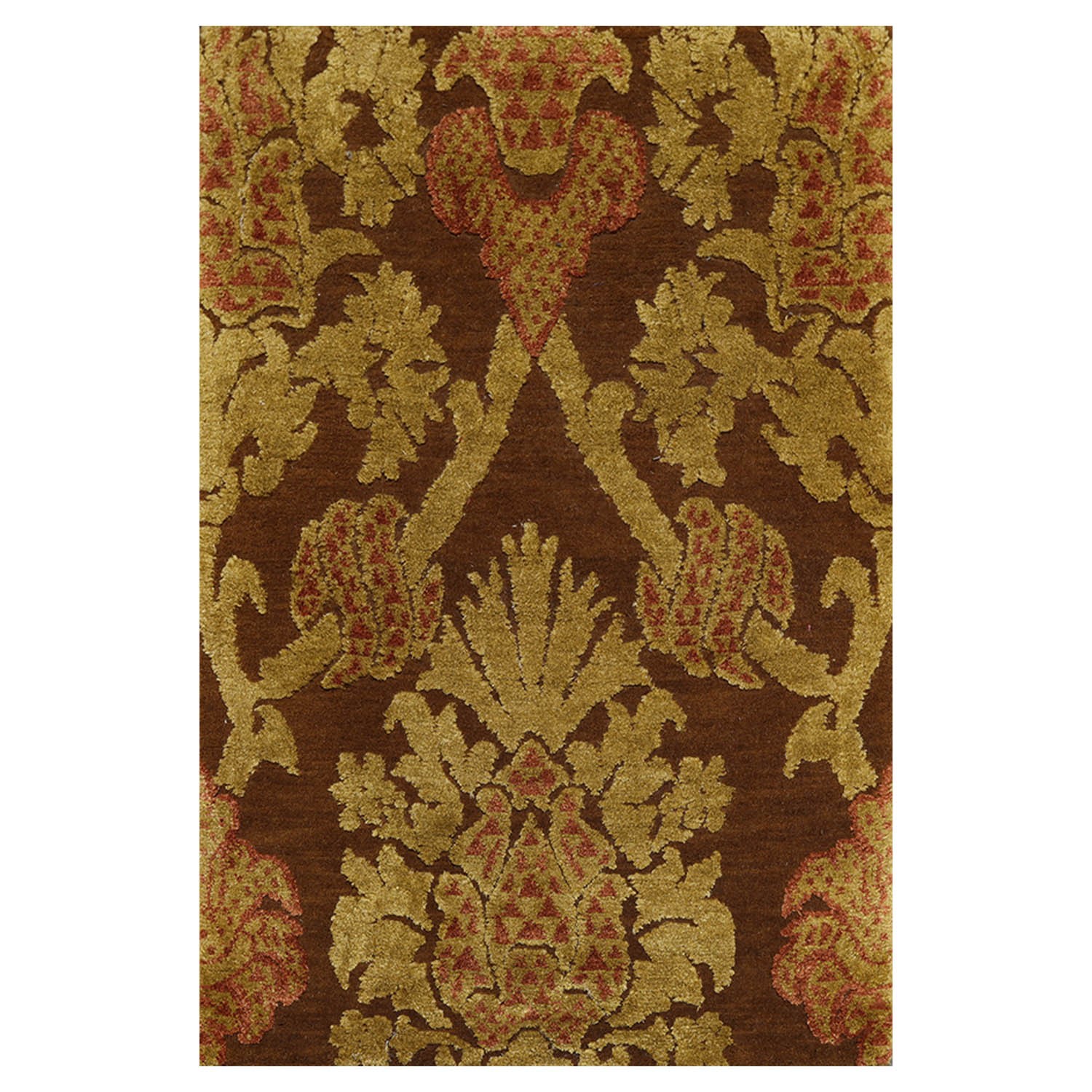 Hand Knotted Wool & Silk Baroque High Low Pile Tibetan Area Rug Brown 2′ x 3′